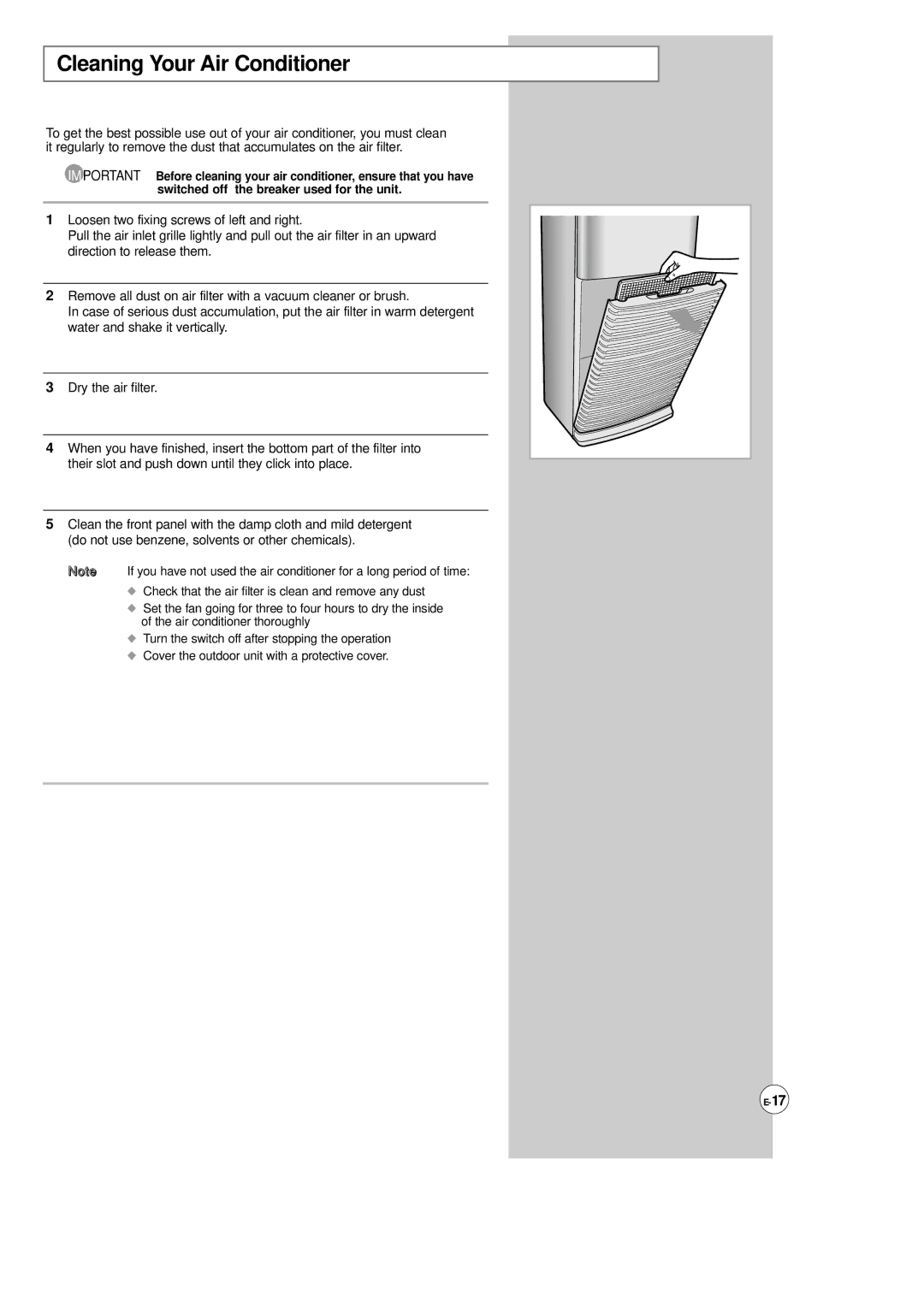 Samsung AP500F installation manual Cleaning Your Air Conditioner 