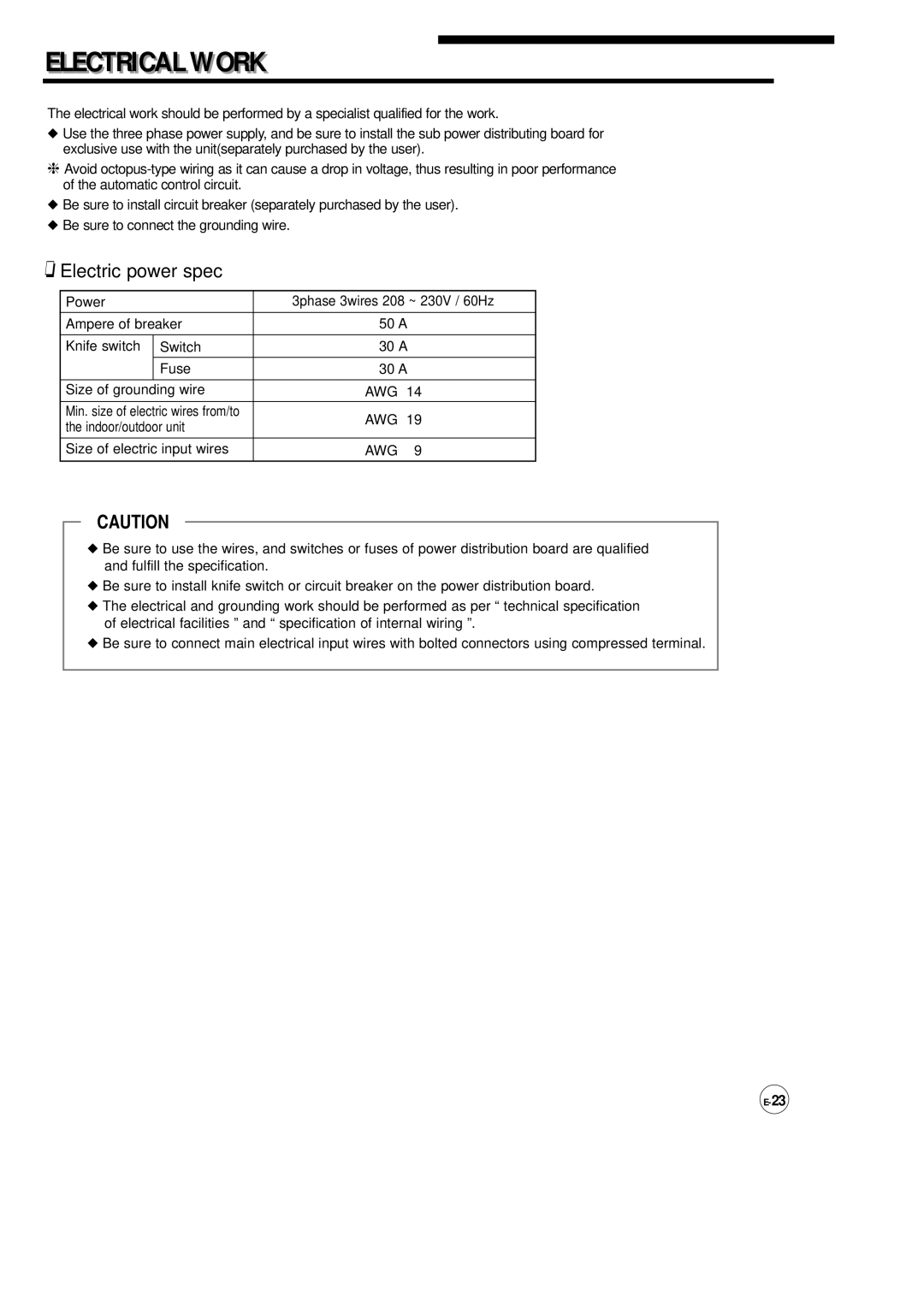 Samsung AP500F installation manual Electricali Work, Electric power spec 