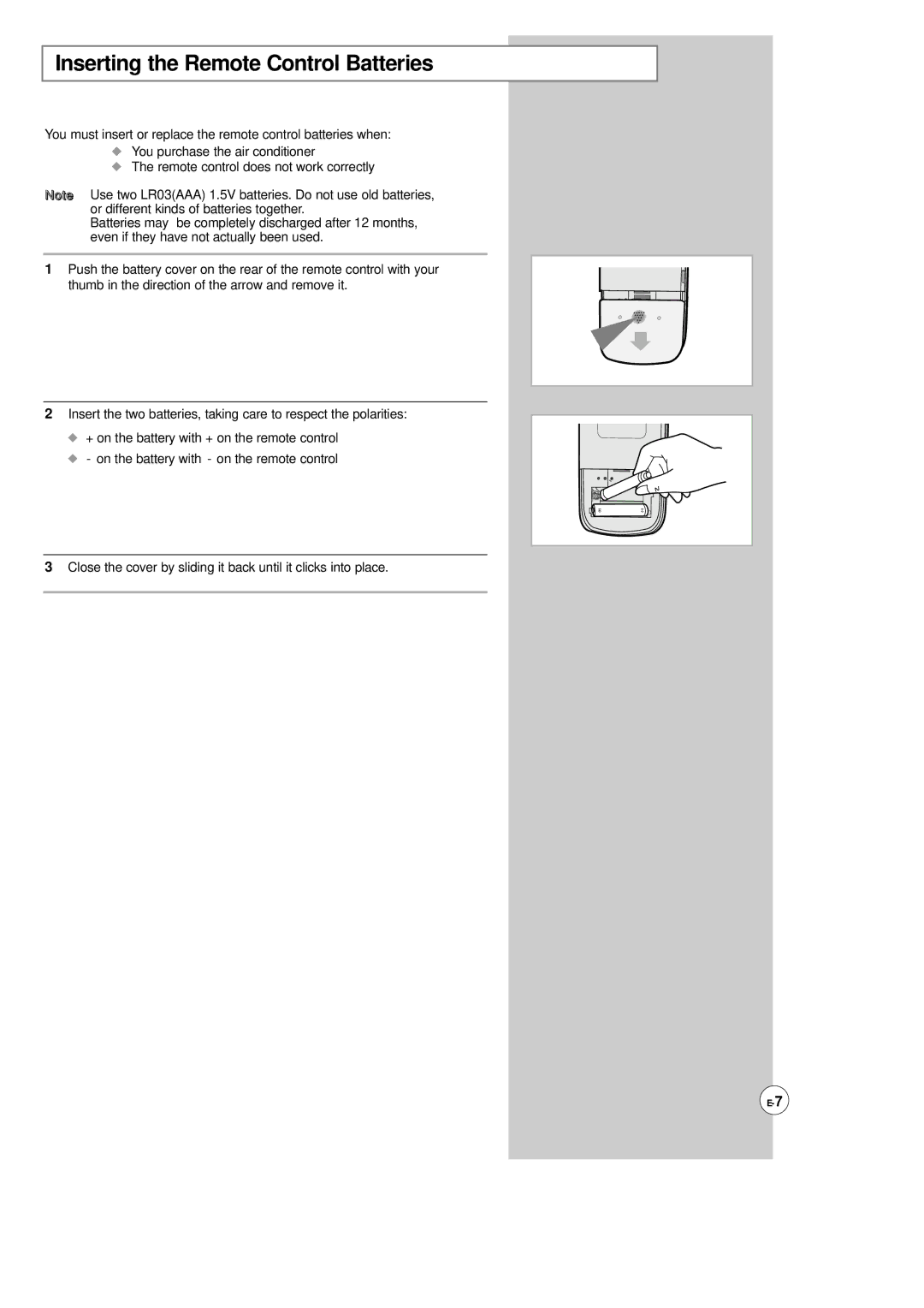 Samsung AP500F installation manual Inserting the Remote Control Batteries 