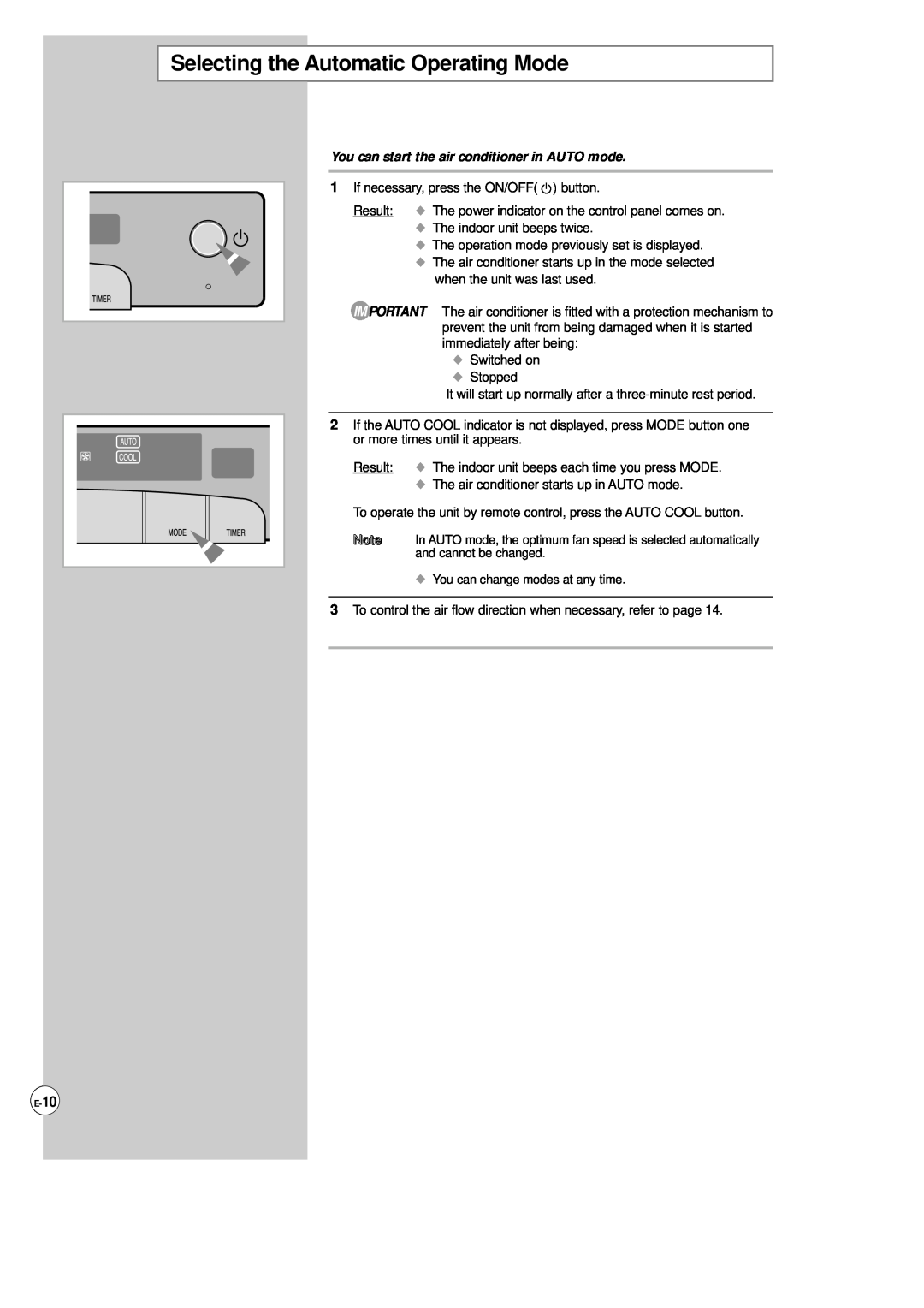 Samsung AP500F installation manual Selecting the Automatic Operating Mode, You can start the air conditioner in AUTO mode 