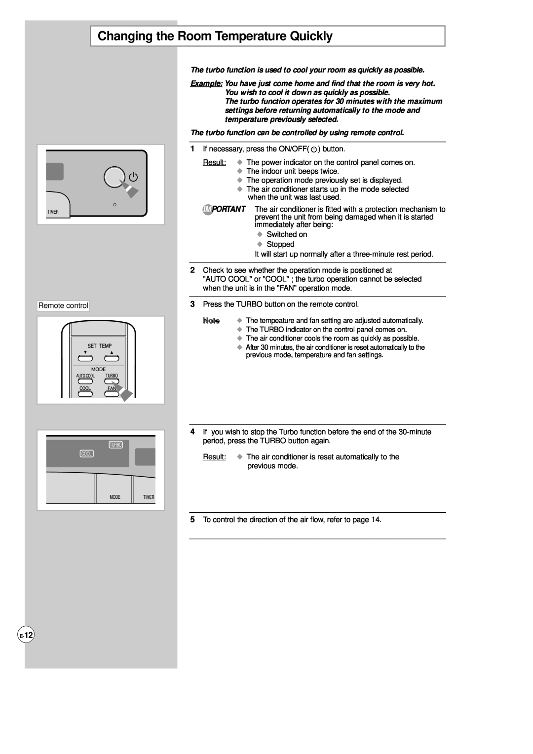 Samsung AP500F installation manual Changing the Room Temperature Quickly 