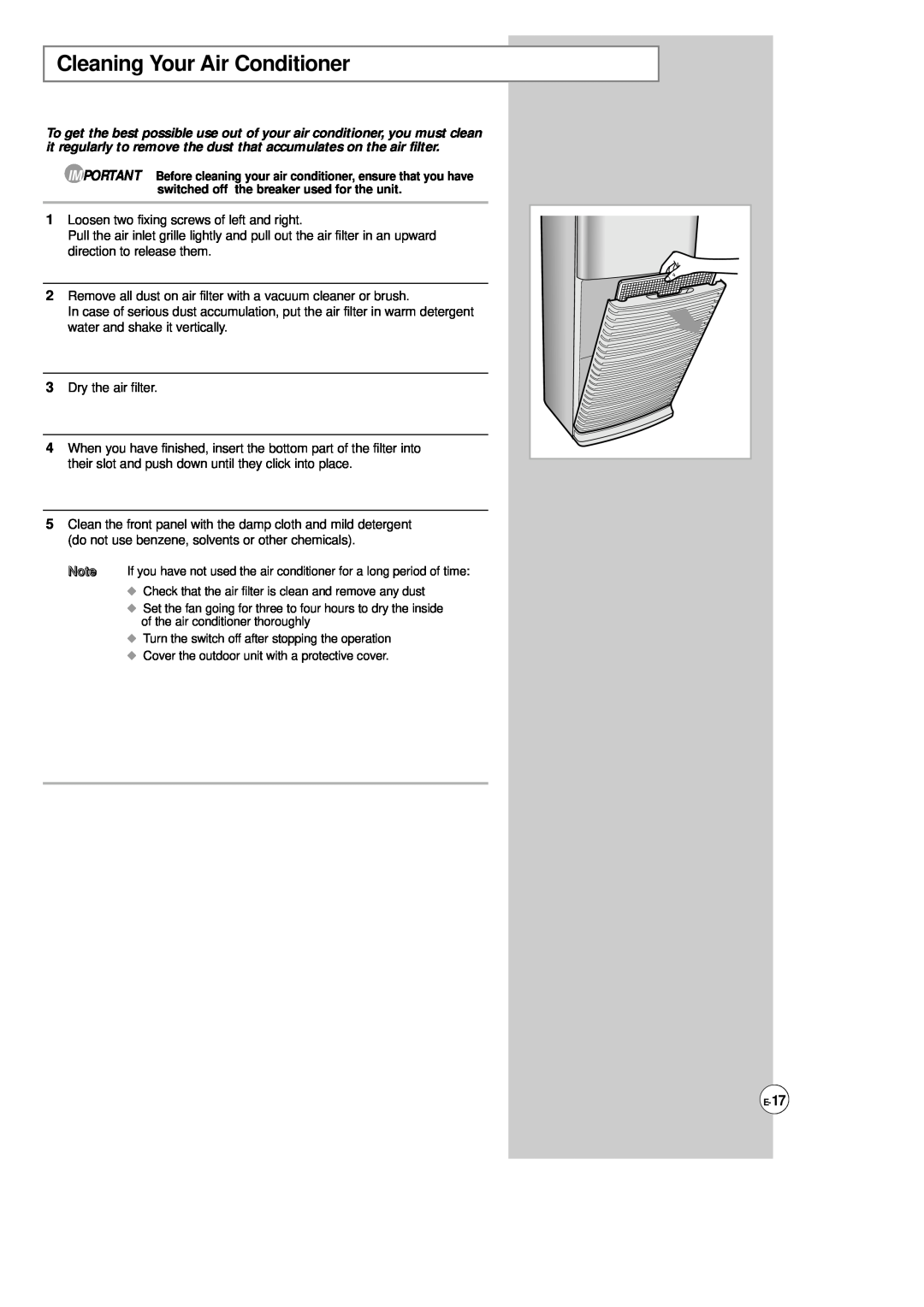 Samsung AP500F installation manual Cleaning Your Air Conditioner 