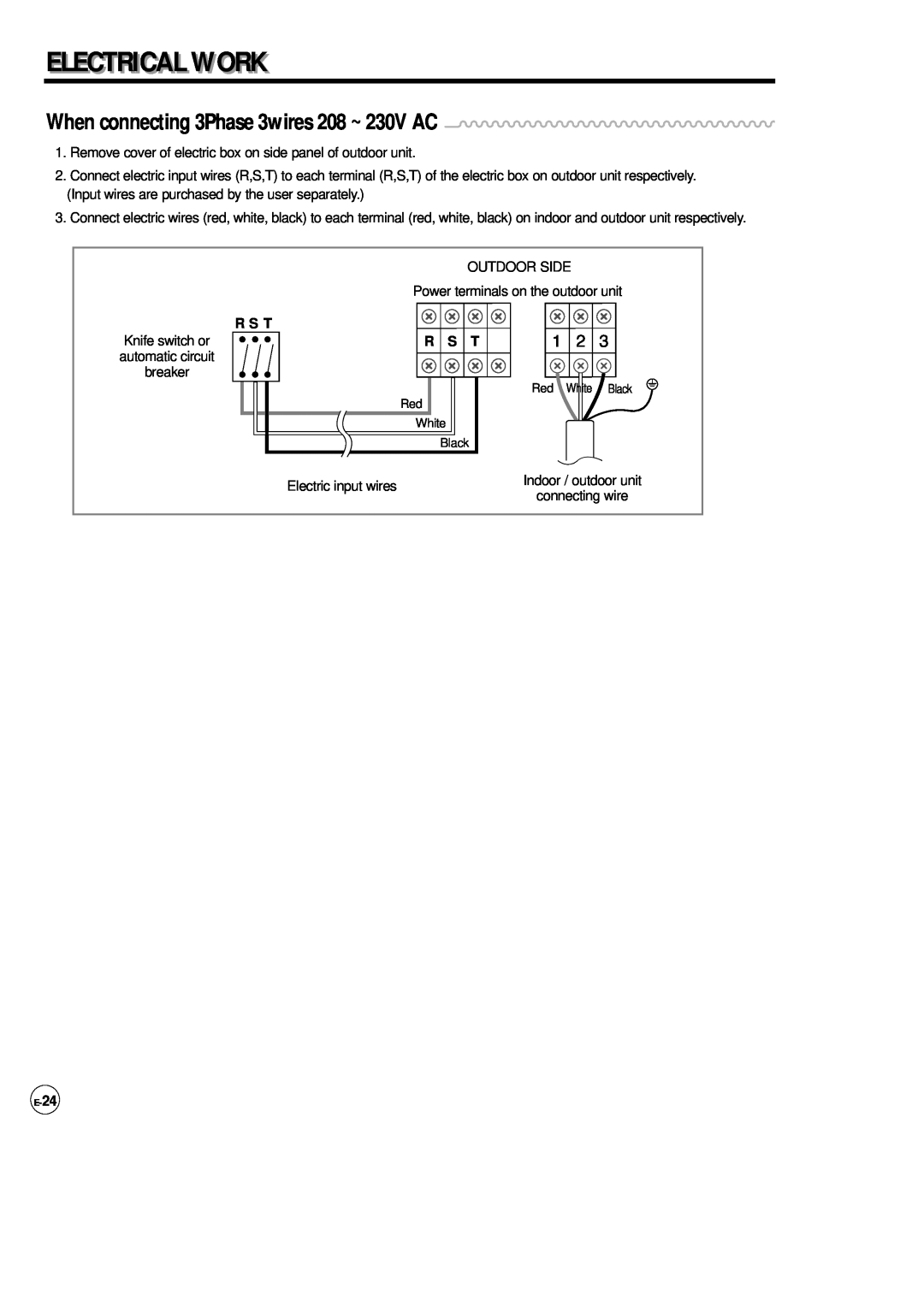 Samsung AP500F installation manual When connecting 3Phase 3wires 208 ~ 230V AC, R S T, Electricali Work 