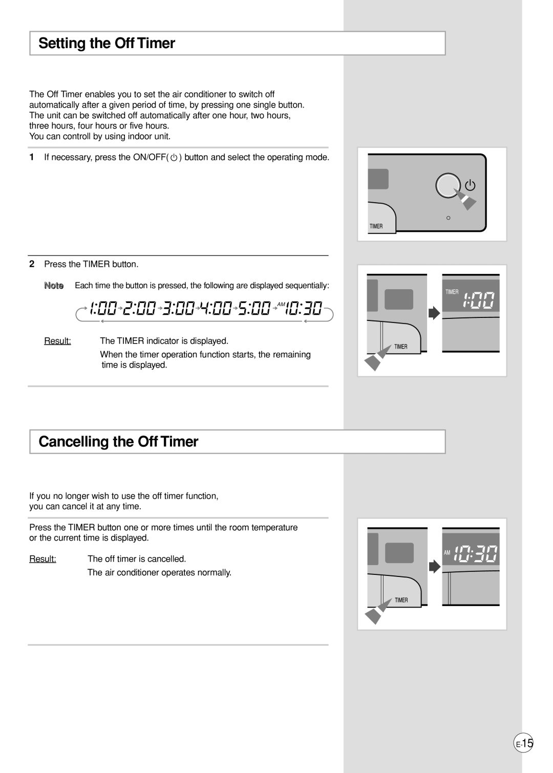 Samsung AP500PF installation manual Setting the Off Timer, Cancelling the Off Timer 