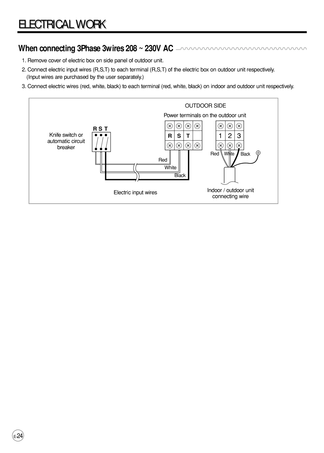 Samsung AP500PF installation manual Electricali Work, When connecting 3Phase 3wires 208 ~ 230V AC 