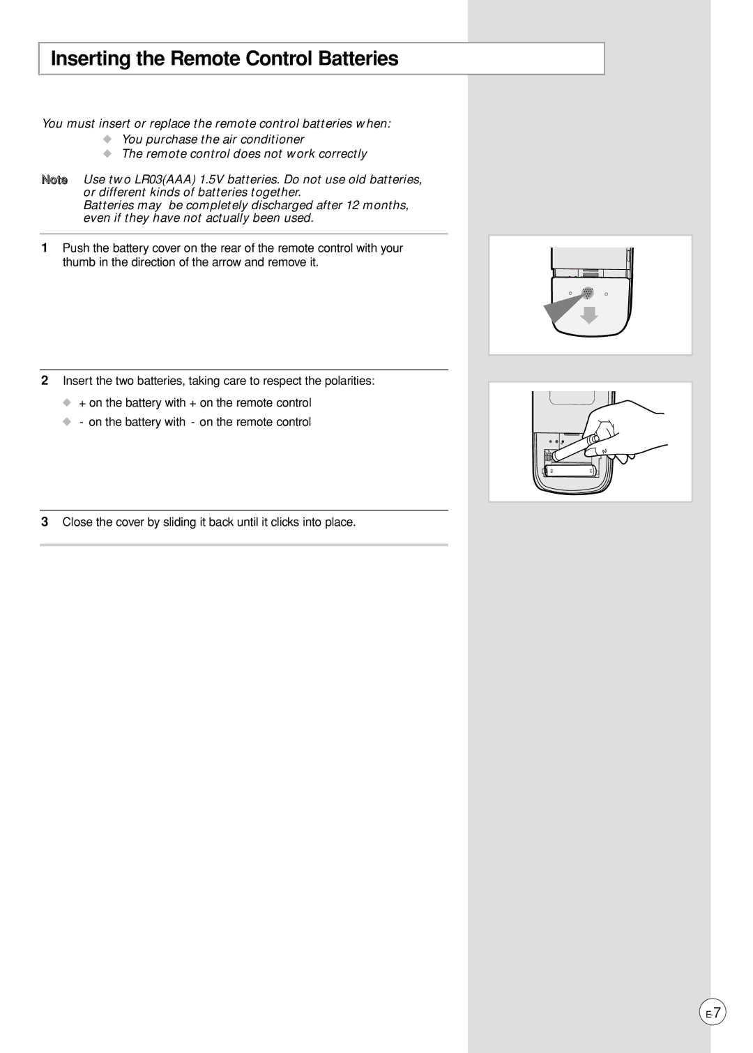 Samsung AP500PF installation manual Inserting the Remote Control Batteries 