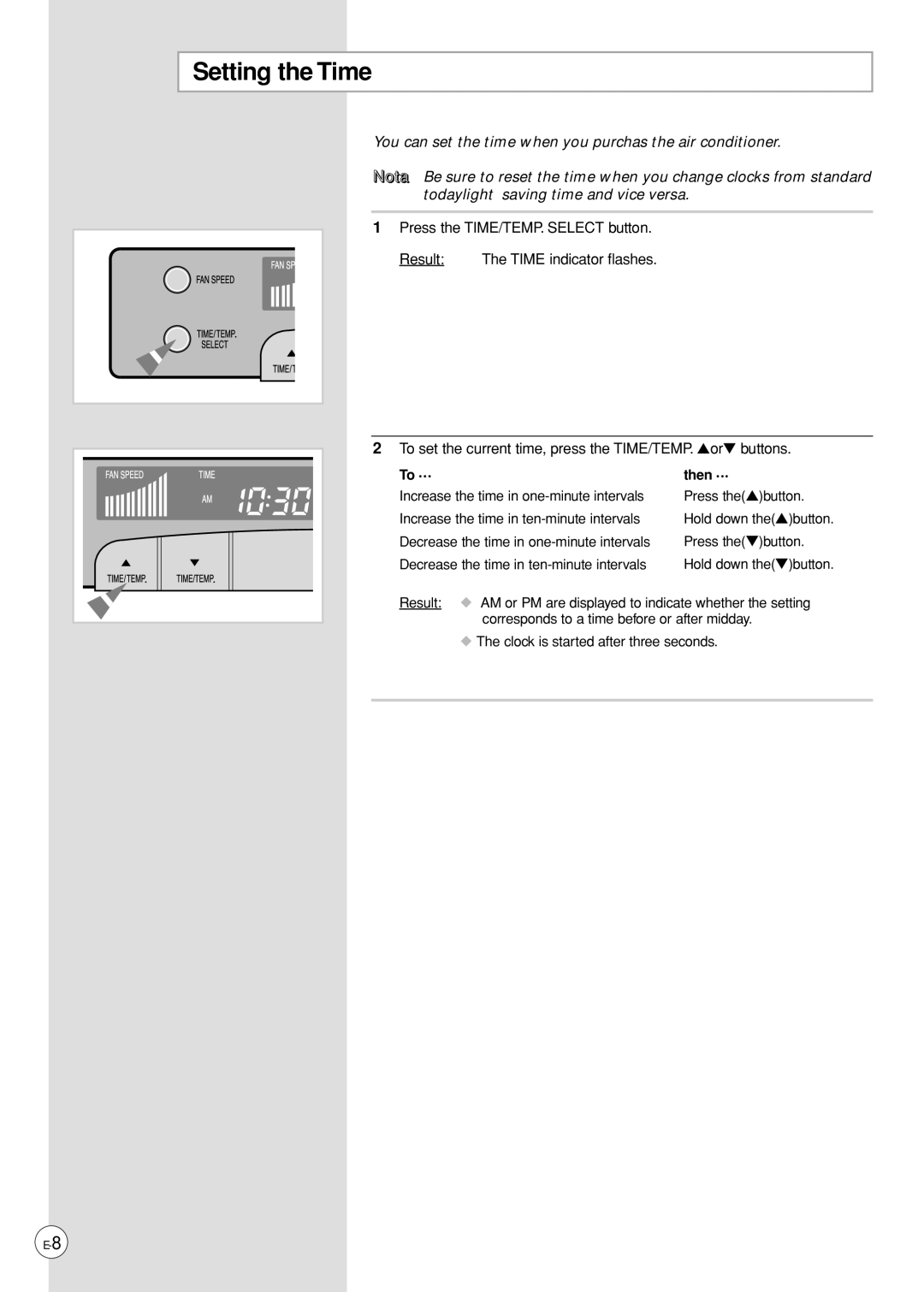 Samsung AP500PF installation manual Setting the Time, Then 