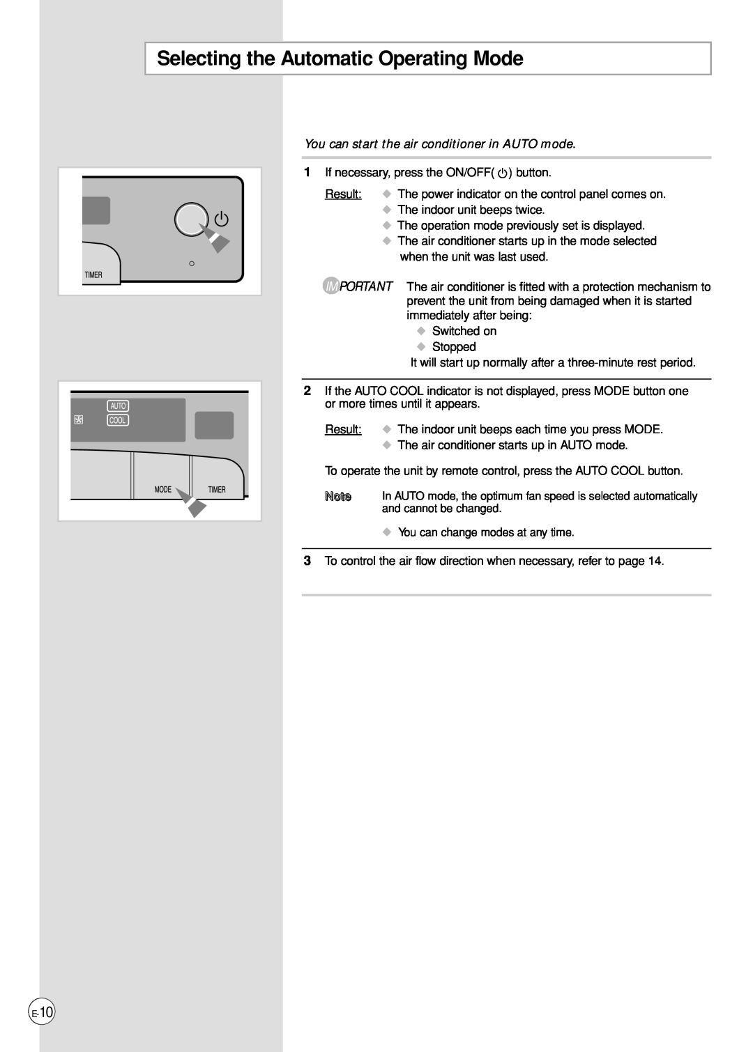 Samsung AP500PF installation manual Selecting the Automatic Operating Mode, You can start the air conditioner in AUTO mode 
