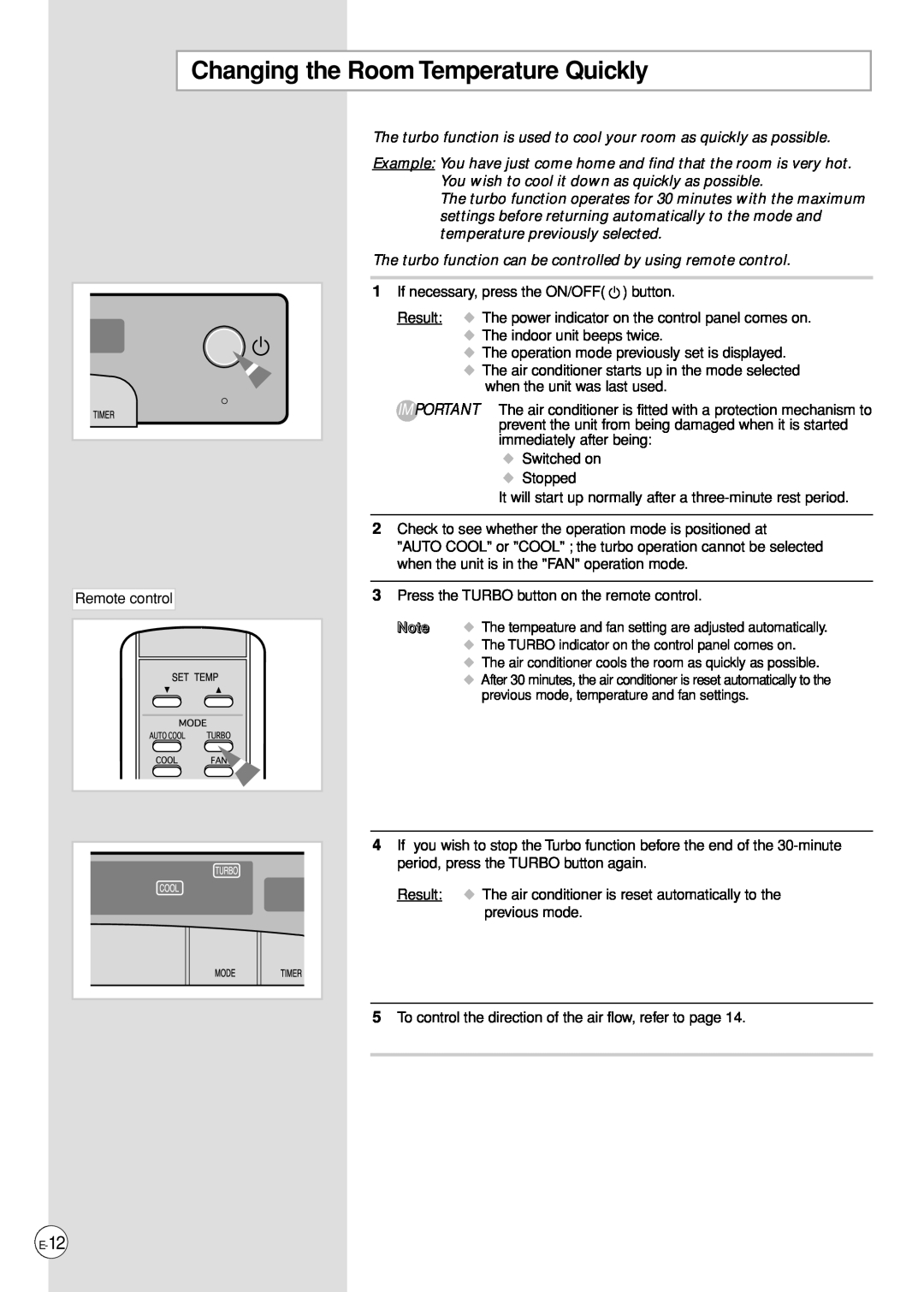 Samsung AP500PF installation manual Changing the Room Temperature Quickly 