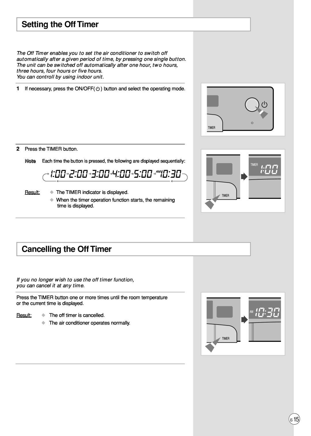 Samsung AP500PF installation manual Setting the Off Timer, Cancelling the Off Timer, Result, The off timer is cancelled 