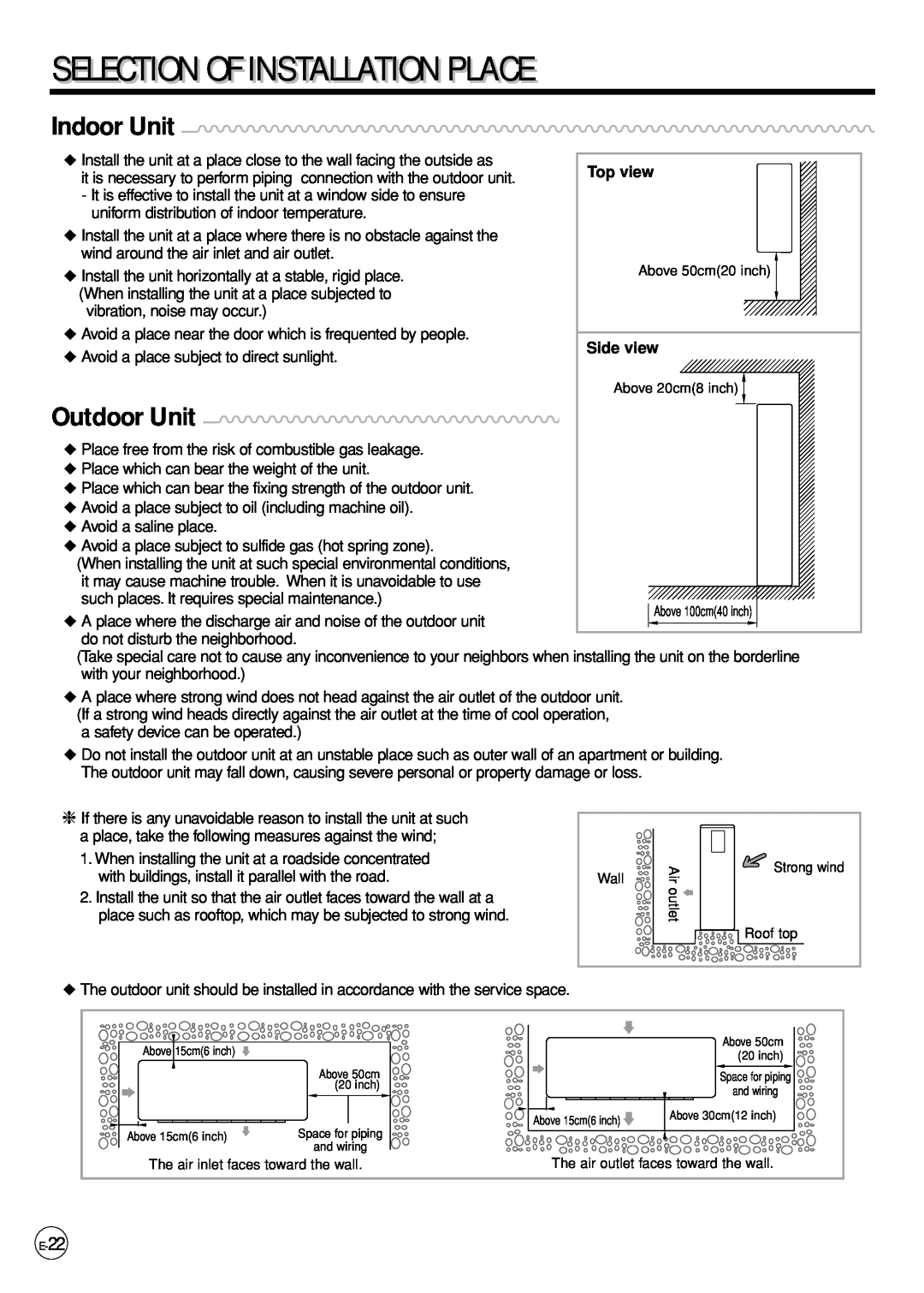 Samsung AP500PF installation manual Place, Indoor Unit, Outdoor Unit, Selectioni, Of Installationi 