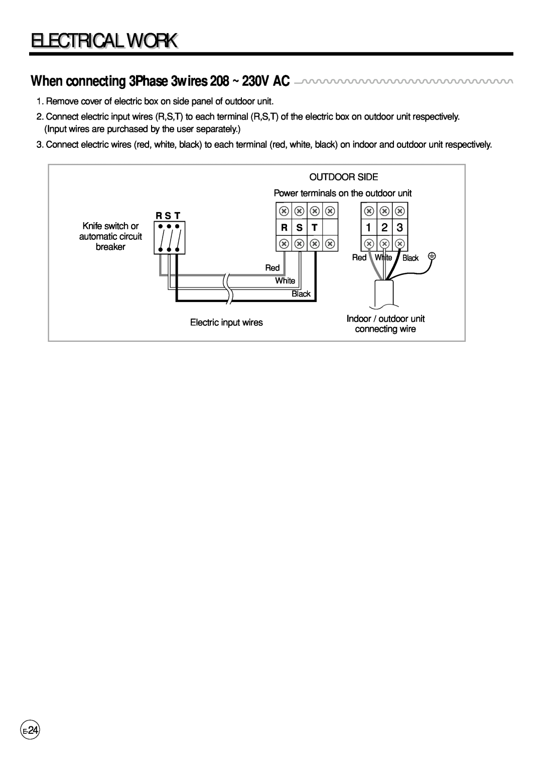Samsung AP500PF installation manual Electricali Work, When connecting 3Phase 3wires 208 ~ 230V AC 