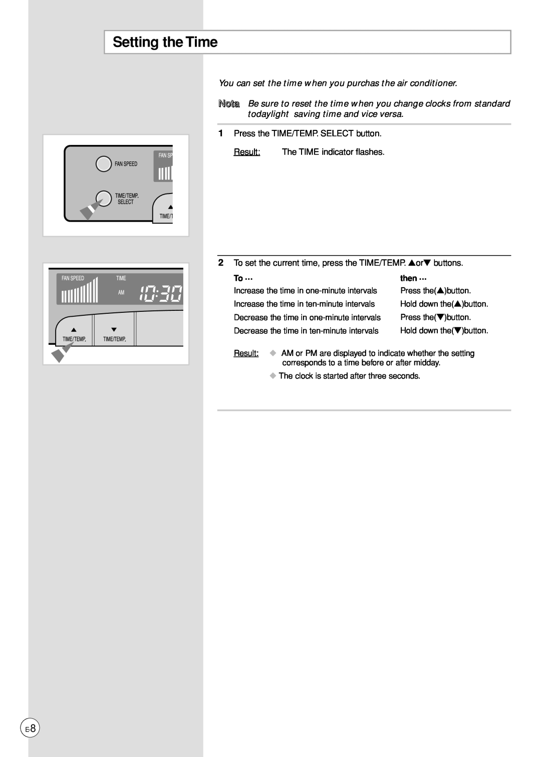 Samsung AP500PF installation manual Setting the Time 