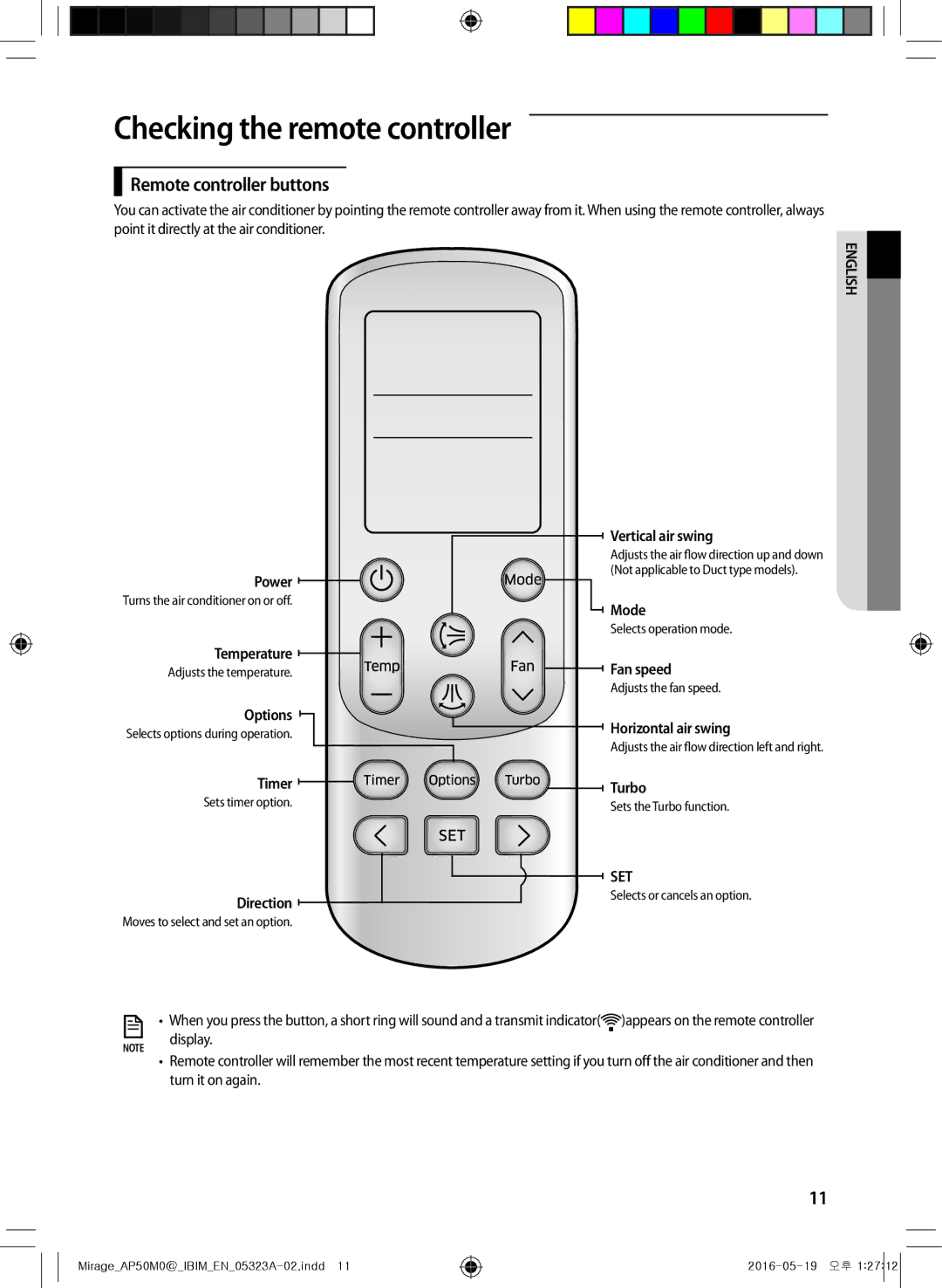 Samsung AP50M0ANXSG, AP50M1ANXSG manual Checking the remote controller, Remote controller buttons 