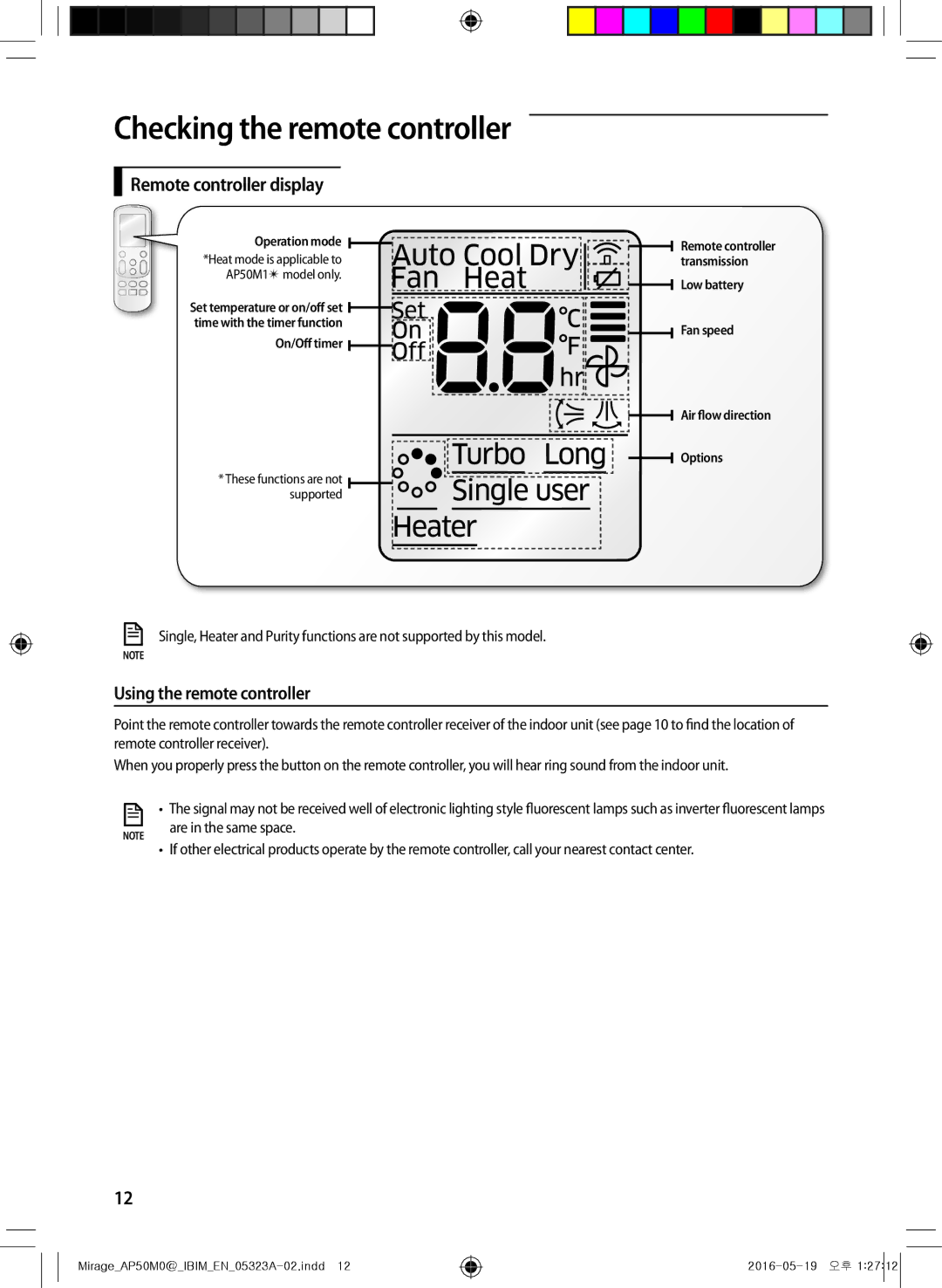 Samsung AP50M1ANXSG, AP50M0ANXSG manual Remote controller display, Using the remote controller, Are in the same space 