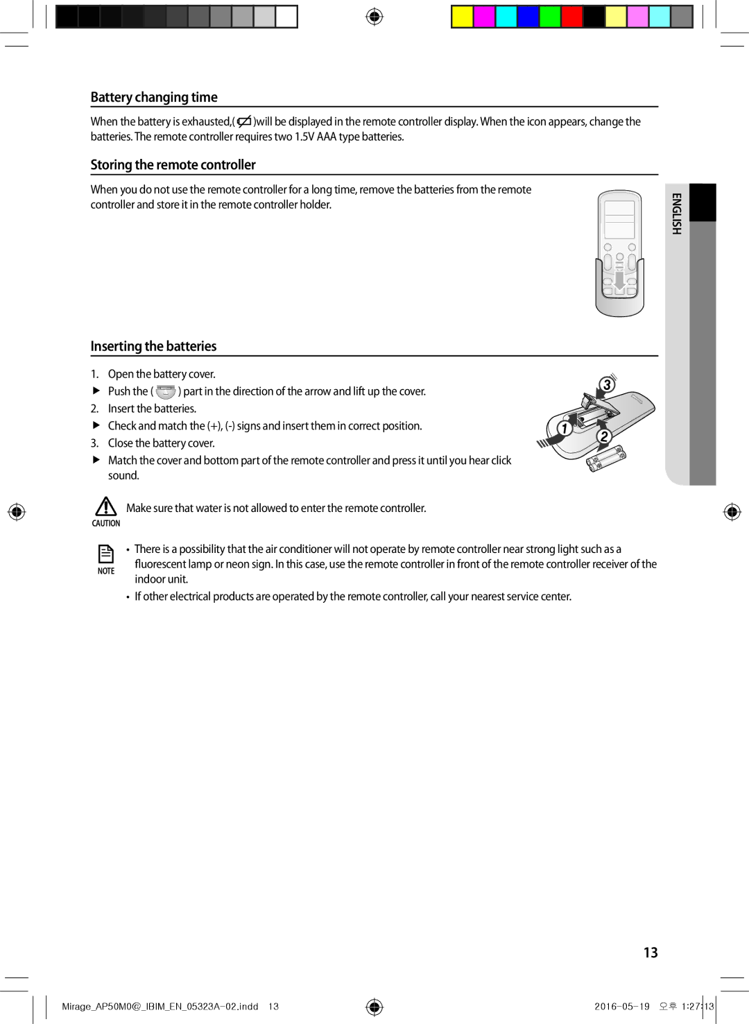 Samsung AP50M0ANXSG manual Battery changing time, Storing the remote controller, Inserting the batteries, Indoor unit 