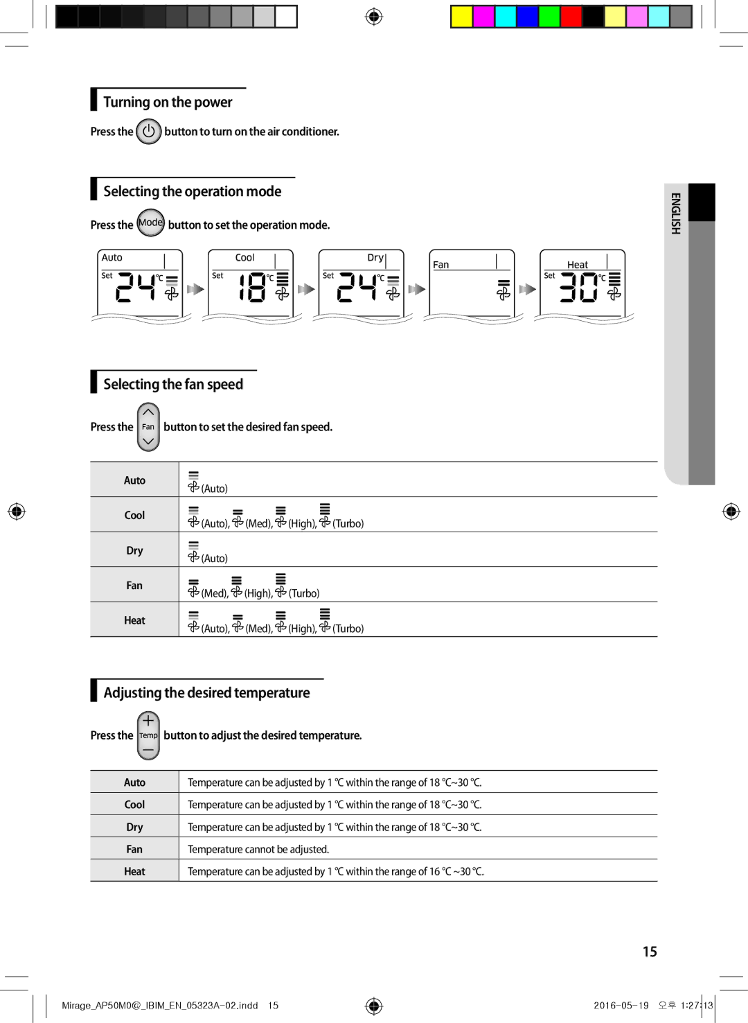 Samsung AP50M0ANXSG, AP50M1ANXSG manual Turning on the power, Selecting the operation mode, Selecting the fan speed 