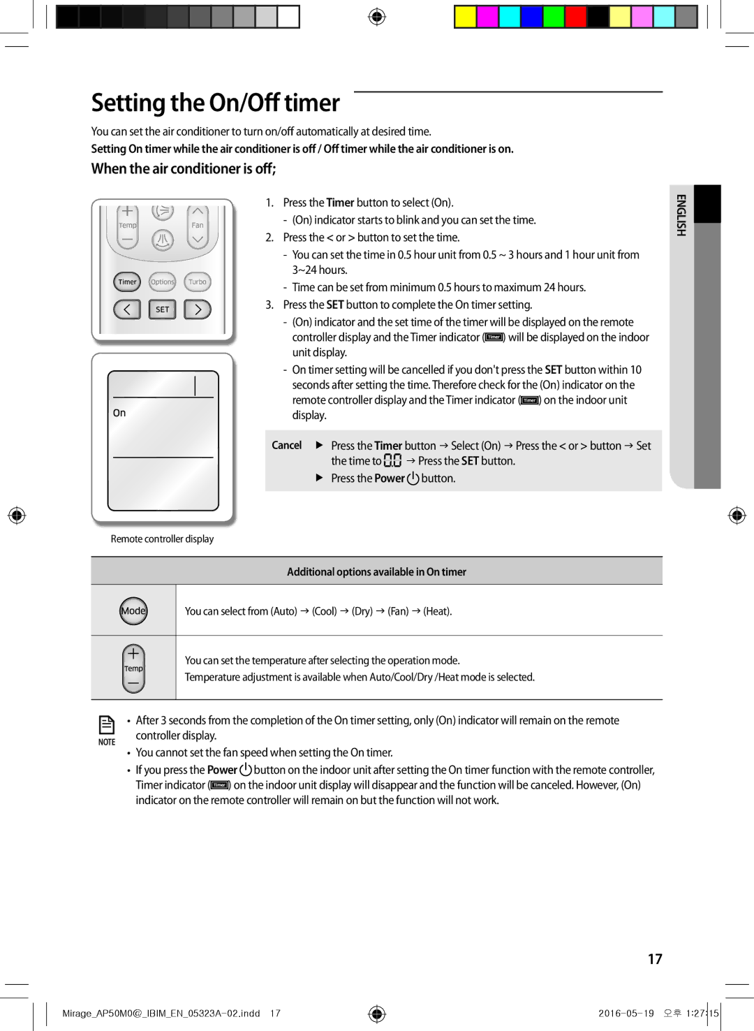 Samsung AP50M0ANXSG, AP50M1ANXSG manual Setting the On/Off timer, When the air conditioner is off, Controller display 