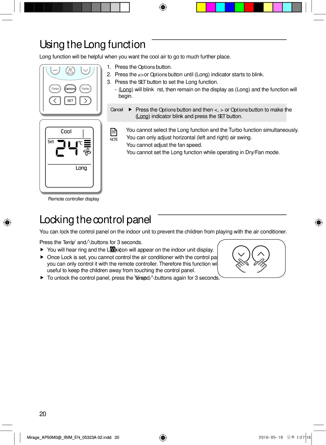 Samsung AP50M1ANXSG, AP50M0ANXSG manual Using the Long function, Locking the control panel 