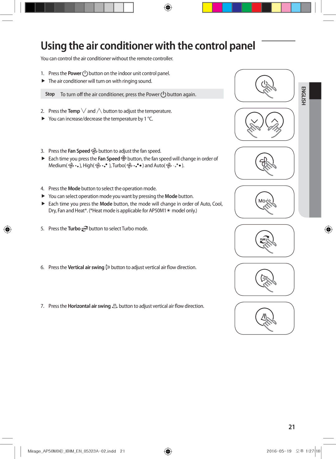 Samsung AP50M0ANXSG, AP50M1ANXSG manual Using the air conditioner with the control panel 