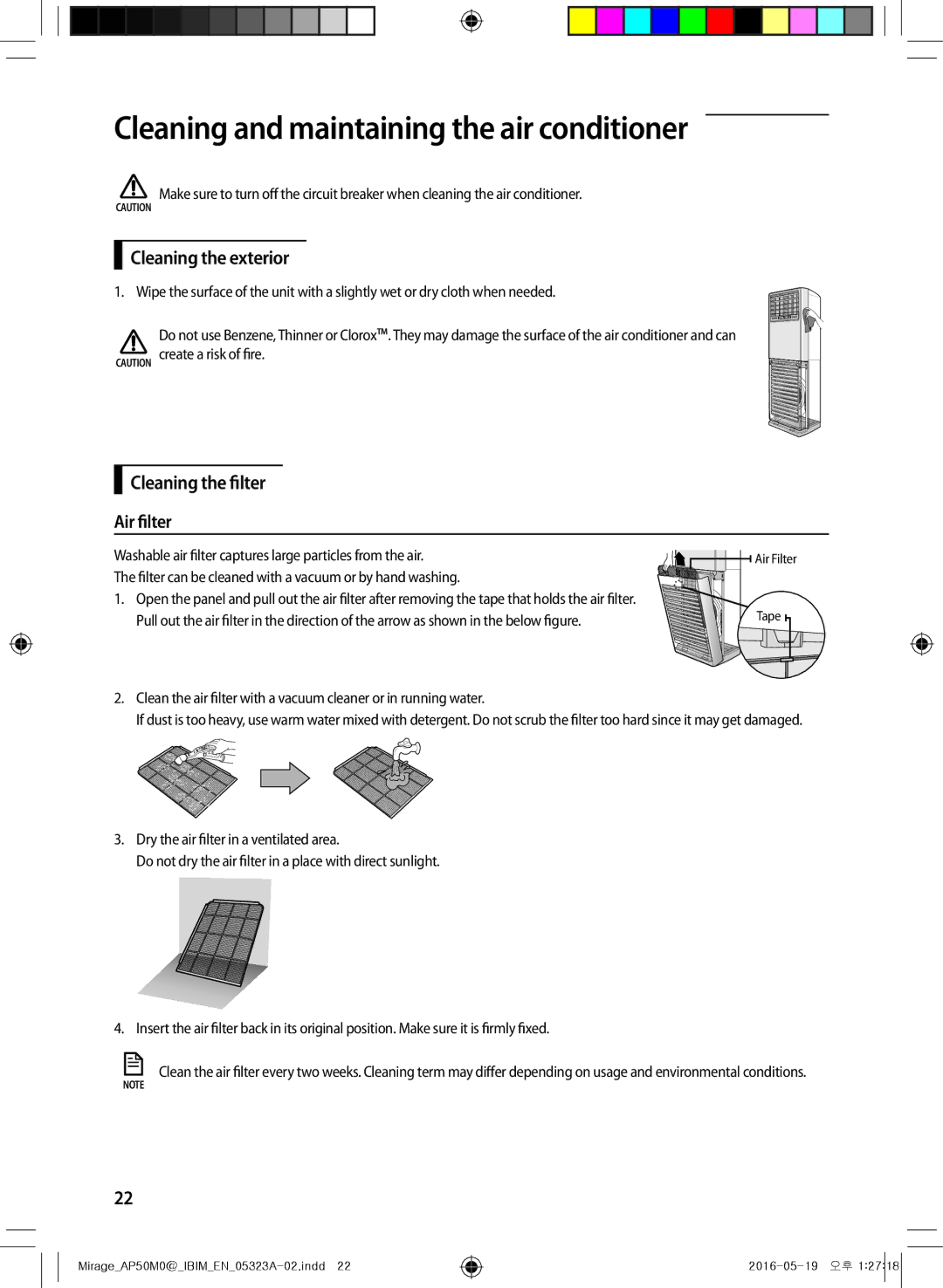 Samsung AP50M1ANXSG Cleaning and maintaining the air conditioner, Cleaning the exterior, Cleaning the filter Air filter 