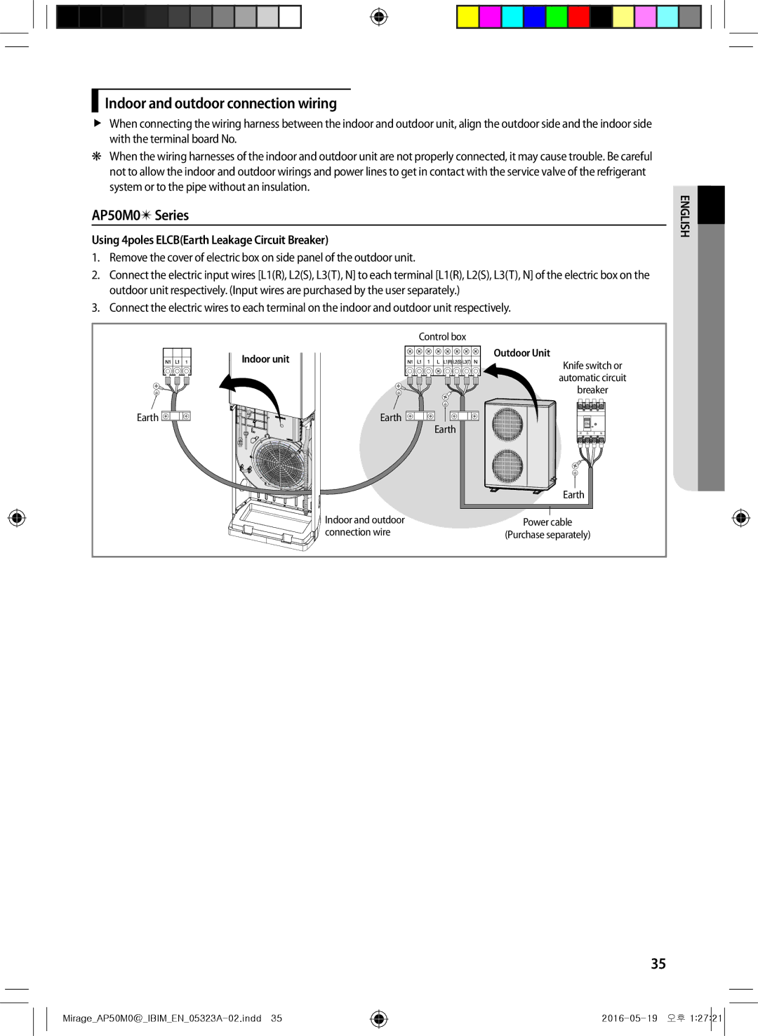 Samsung AP50M0ANXSG Indoor and outdoor connection wiring, AP50M0 Series, Using 4poles ELCBEarth Leakage Circuit Breaker 