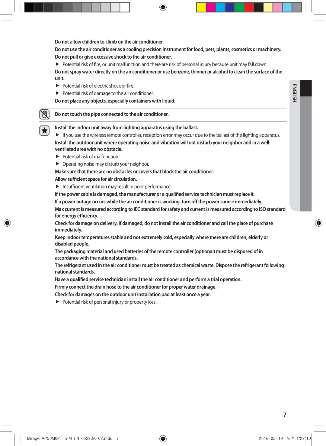 Samsung AP50M0ANXSG, AP50M1ANXSG manual Do not allow children to climb on the air conditioner 