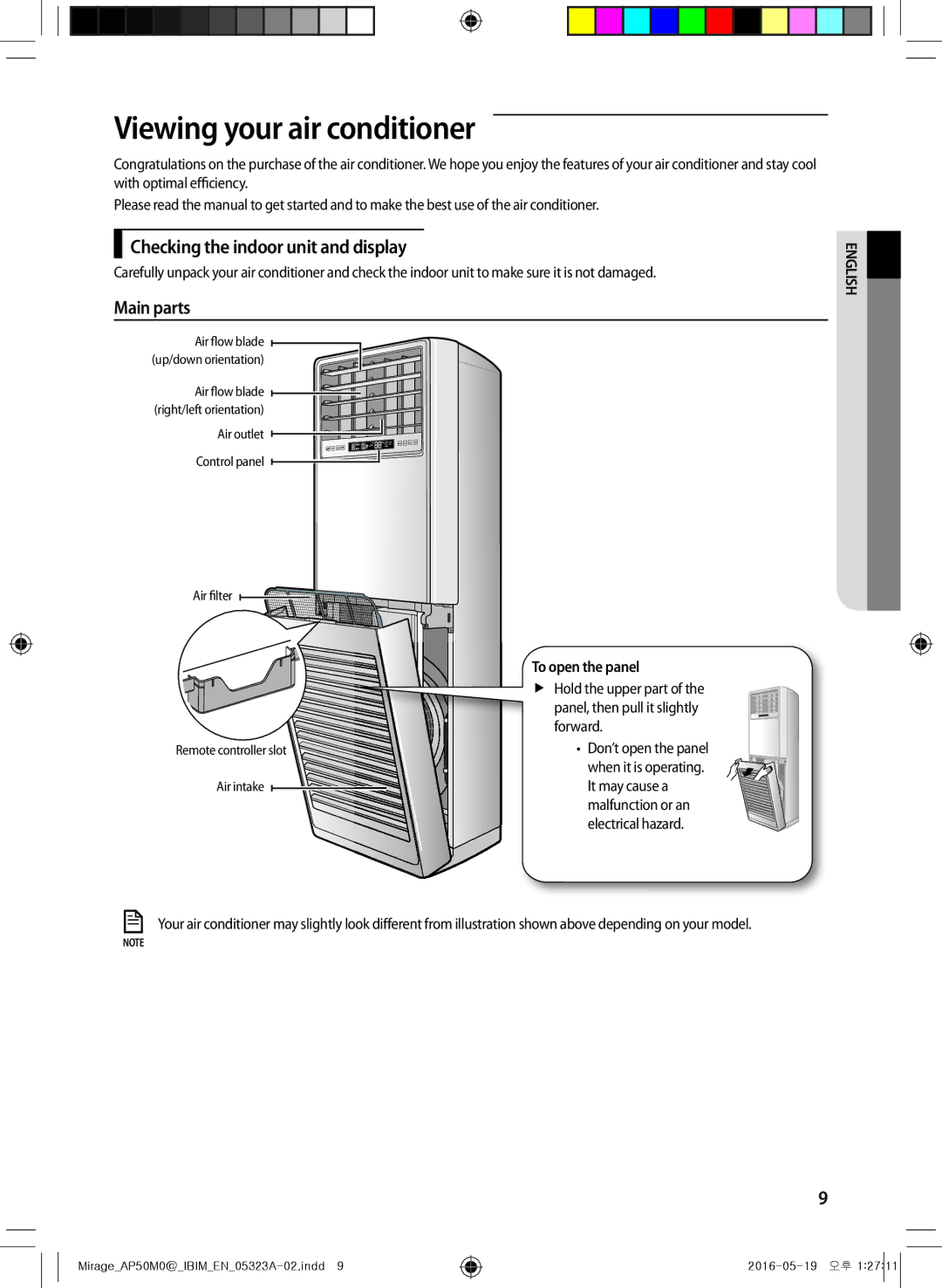 Samsung AP50M0ANXSG Viewing your air conditioner, Checking the indoor unit and display, Main parts, To open the panel 