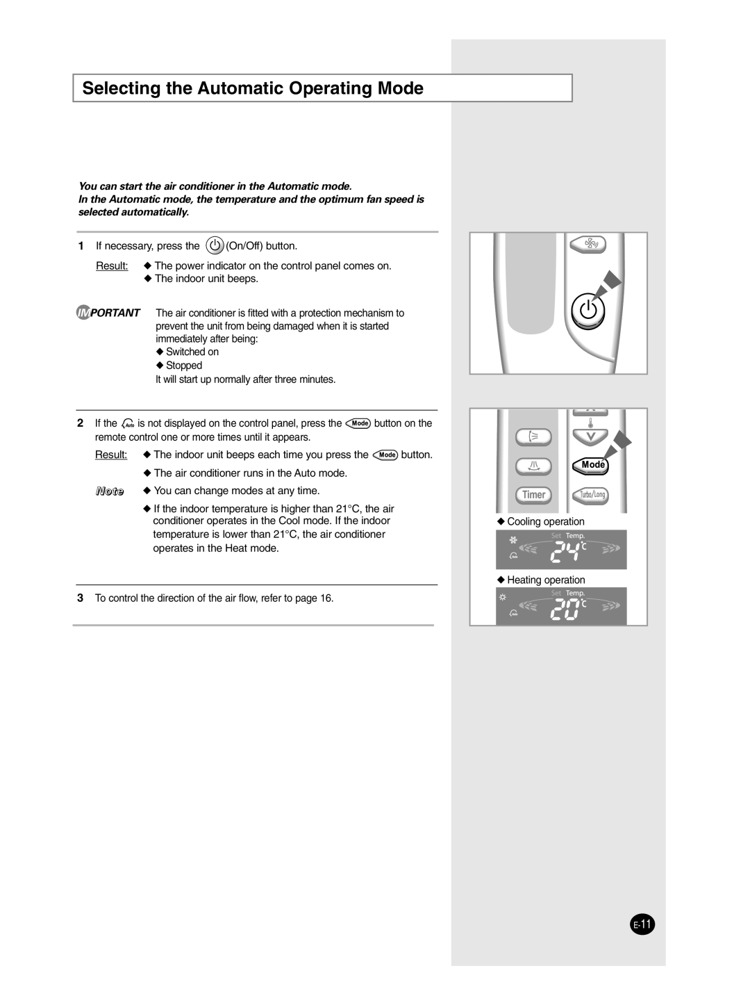 Samsung AP50Q1CNMID manual Selecting the Automatic Operating Mode 