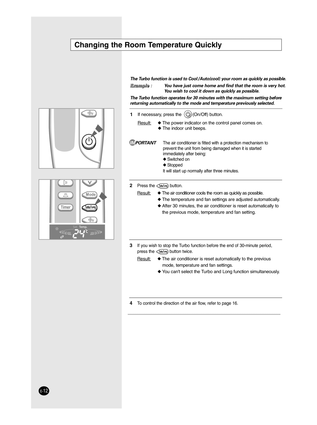 Samsung AP50Q1CNMID manual Changing the Room Temperature Quickly 