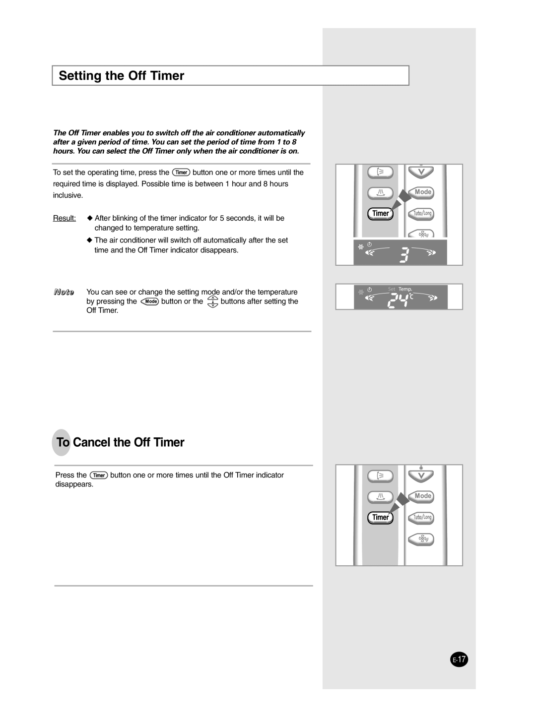 Samsung AP50Q1CNMID manual Setting the Off Timer, To Cancel the Off Timer 