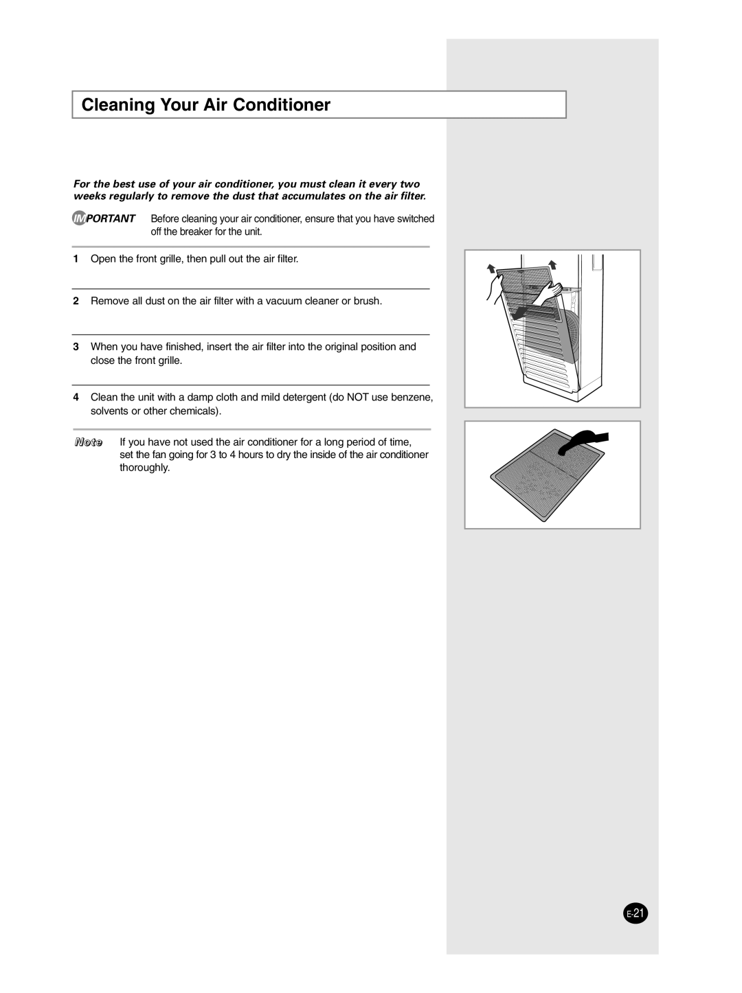 Samsung AP50Q1CNMID manual Cleaning Your Air Conditioner 