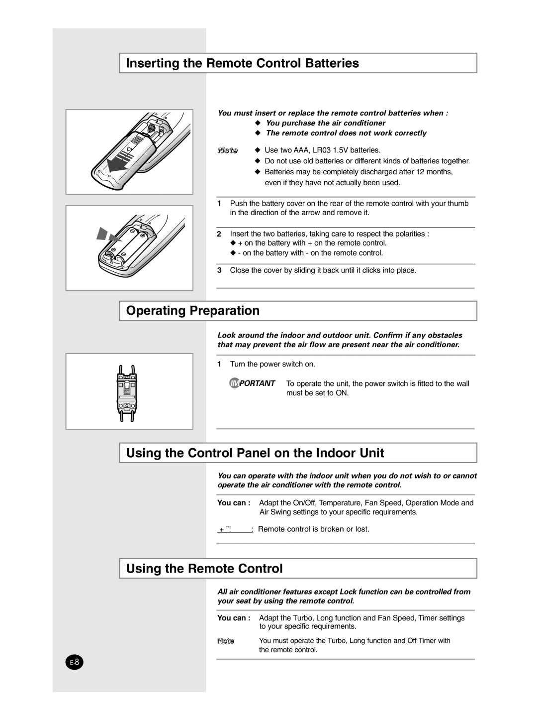 Samsung AP50Q1CNMID manual Inserting the Remote Control Batteries, Operating Preparation, Using the Remote Control 