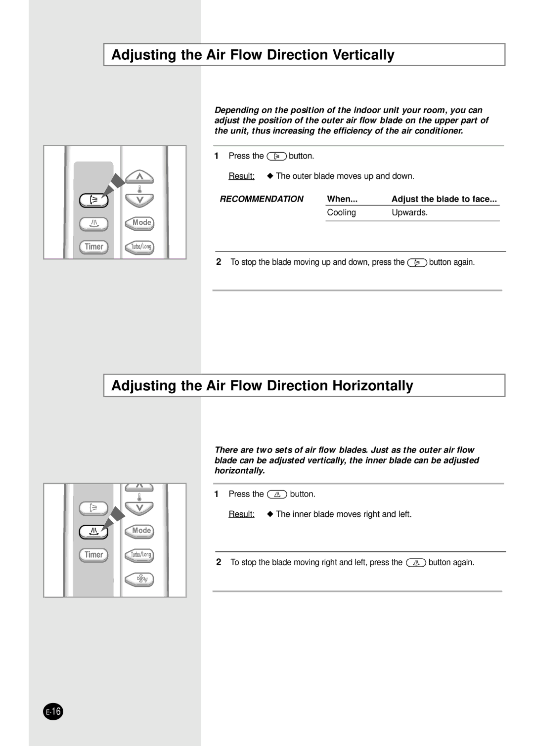 Samsung AP55Q2CNUMG manual Adjusting the Air Flow Direction Vertically, Adjusting the Air Flow Direction Horizontally 