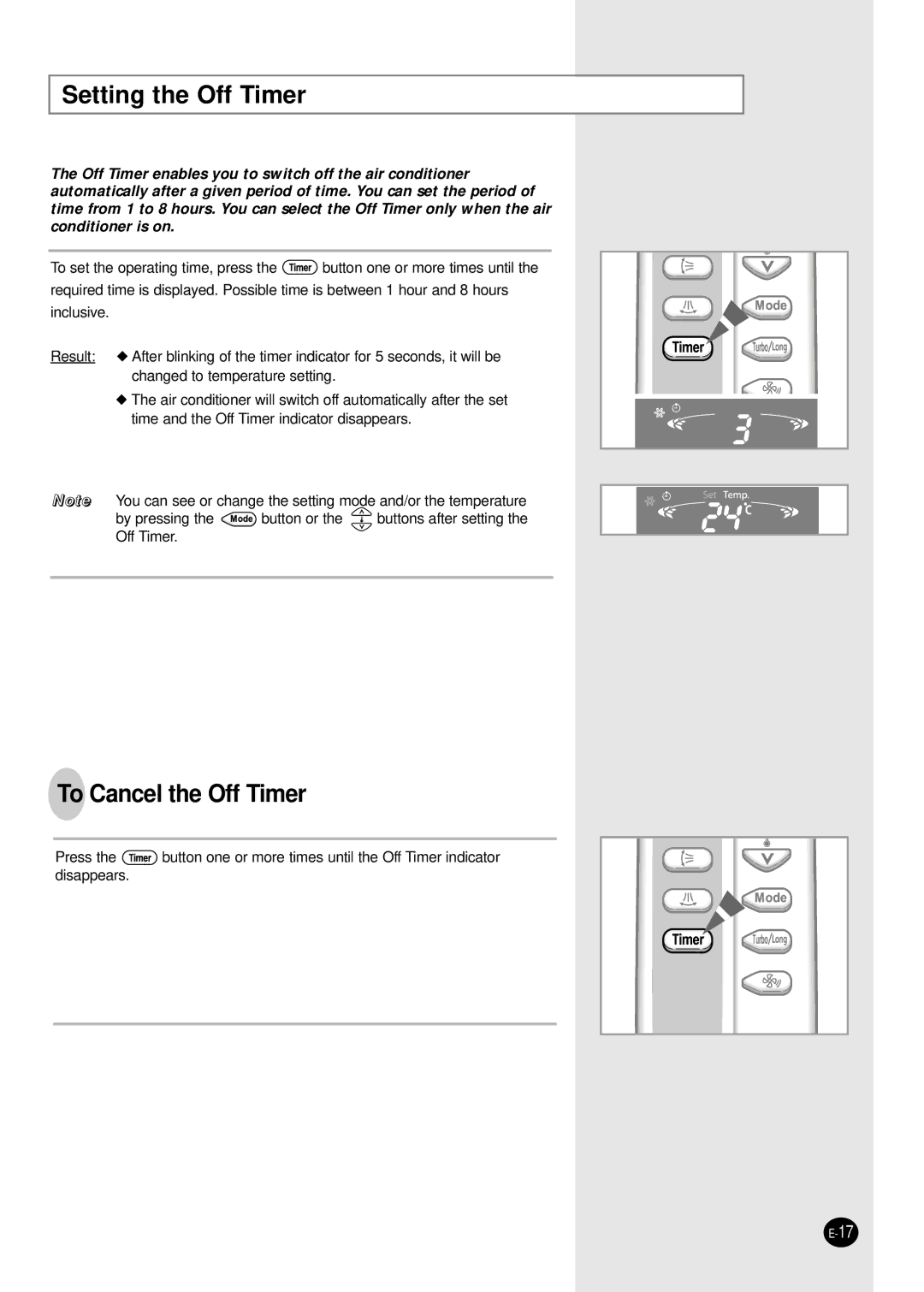 Samsung AP50Q0CNAFR, AP55Q0CNUMG, AP50Q0CNHAC, APC503QG5/AFR, APC503QG/AFR Setting the Off Timer, To Cancel the Off Timer 