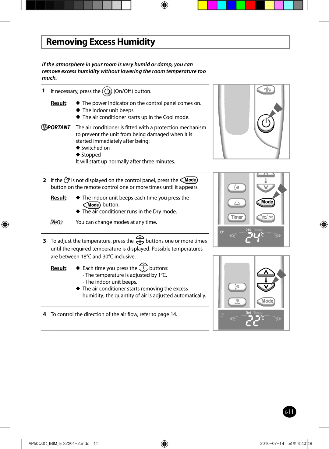 Samsung AP55Q0DNUMG manual Removing Excess Humidity 