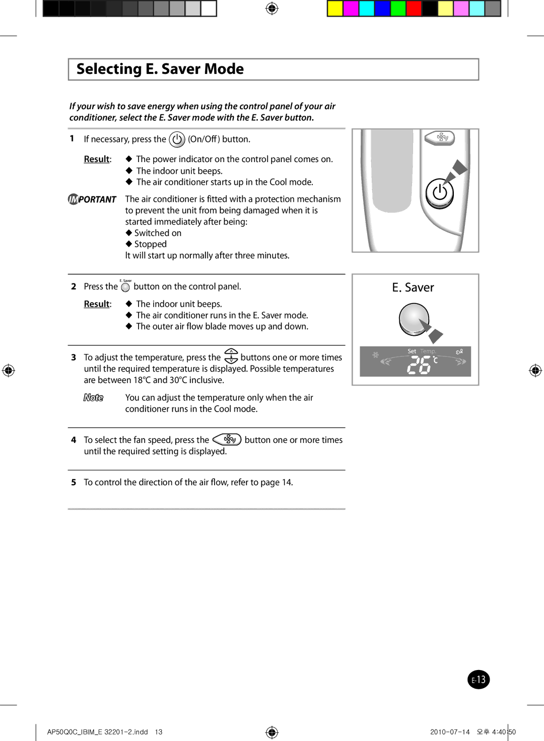 Samsung AP55Q0DNUMG manual Selecting E. Saver Mode 