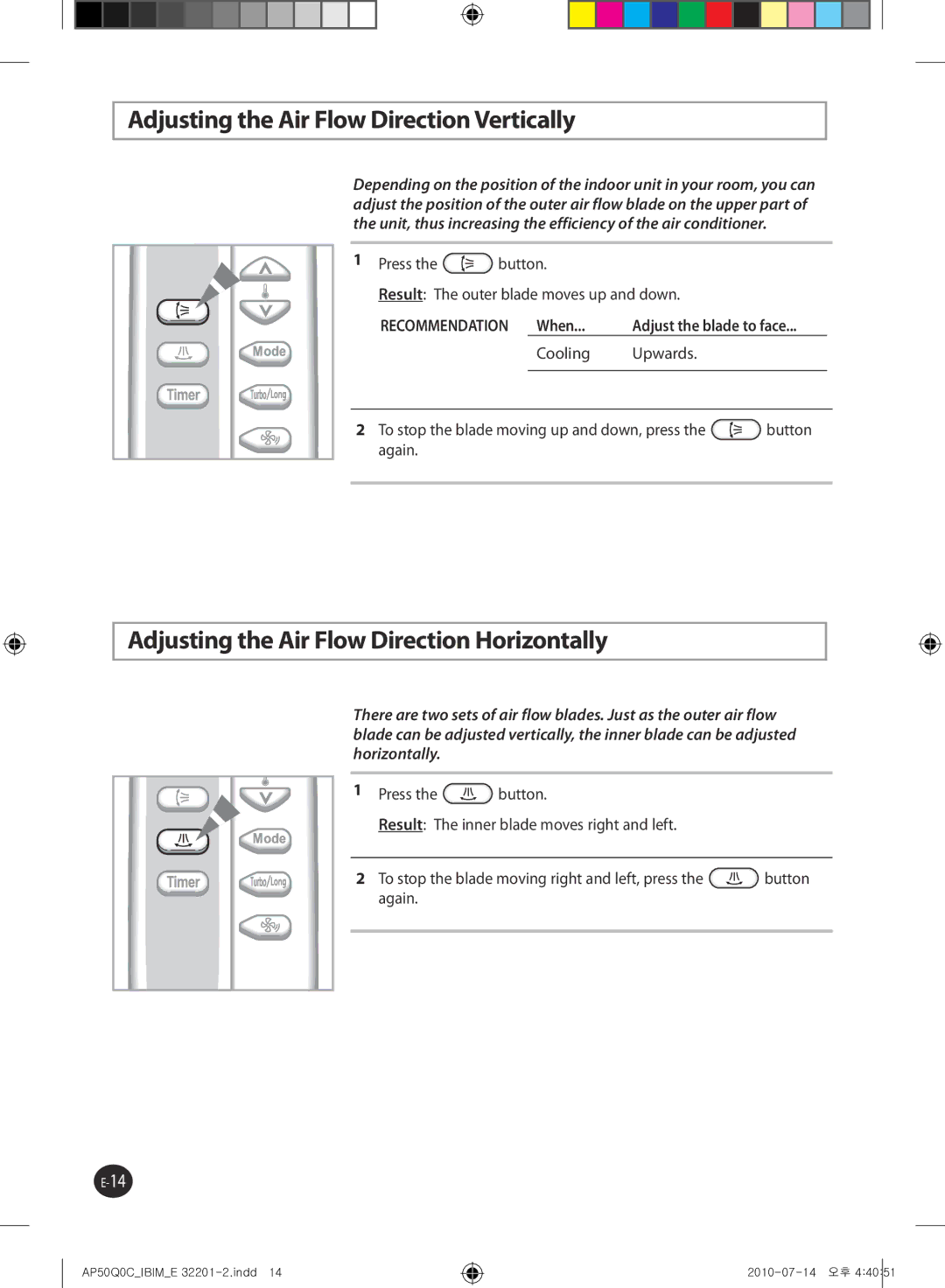 Samsung AP55Q0DNUMG manual Adjusting the Air Flow Direction Vertically, Adjusting the Air Flow Direction Horizontally, When 