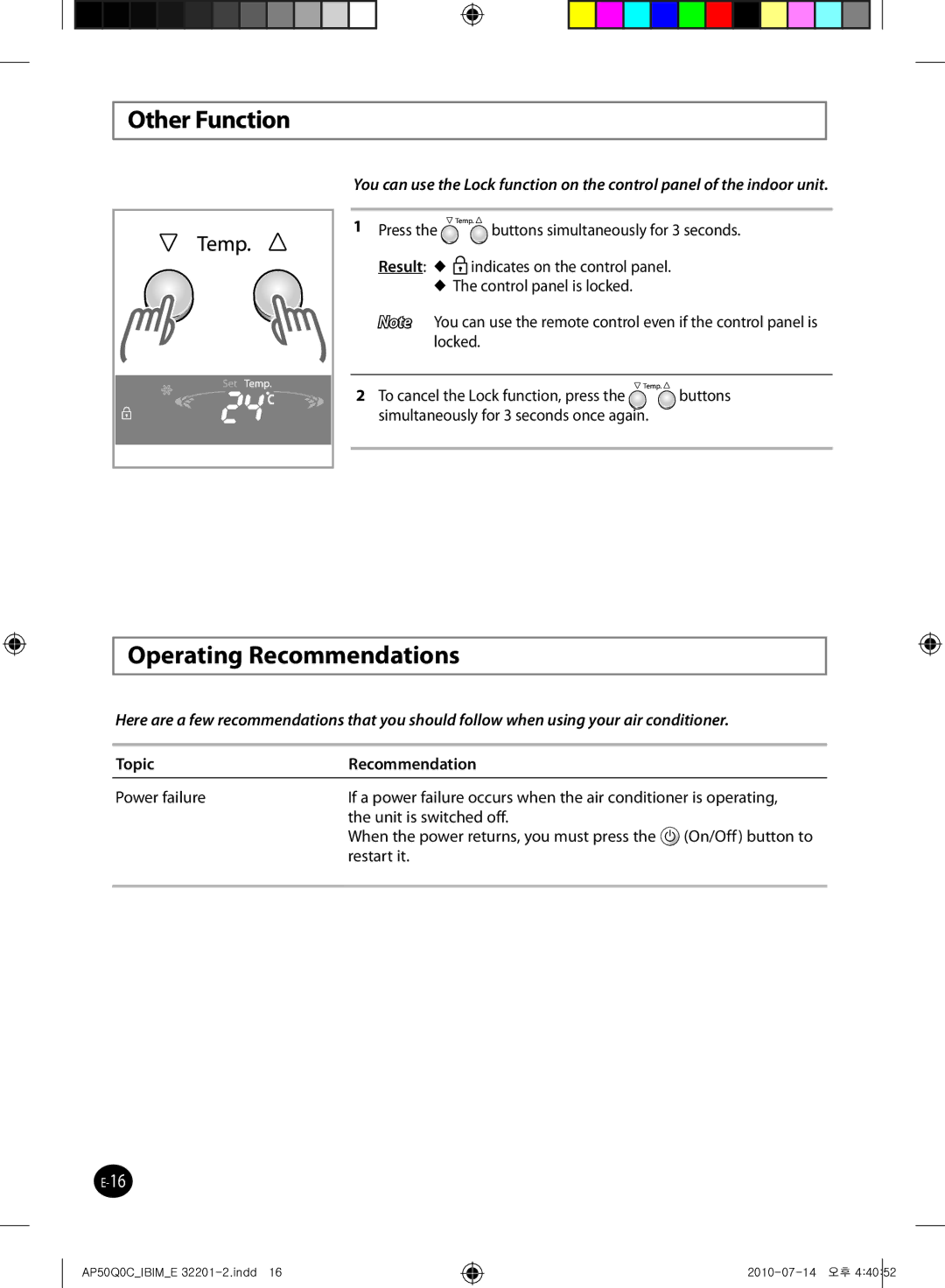 Samsung AP55Q0DNUMG manual Other Function, Operating Recommendations, Topic Recommendation 