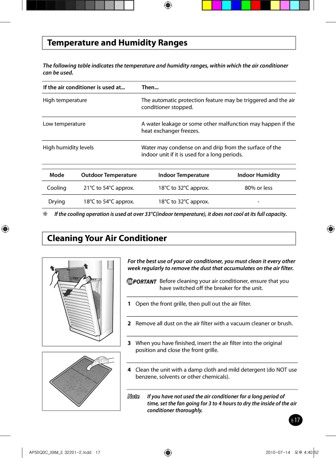 Samsung AP55Q0DNUMG Temperature and Humidity Ranges, Cleaning Your Air Conditioner, If the air conditioner is used at Then 