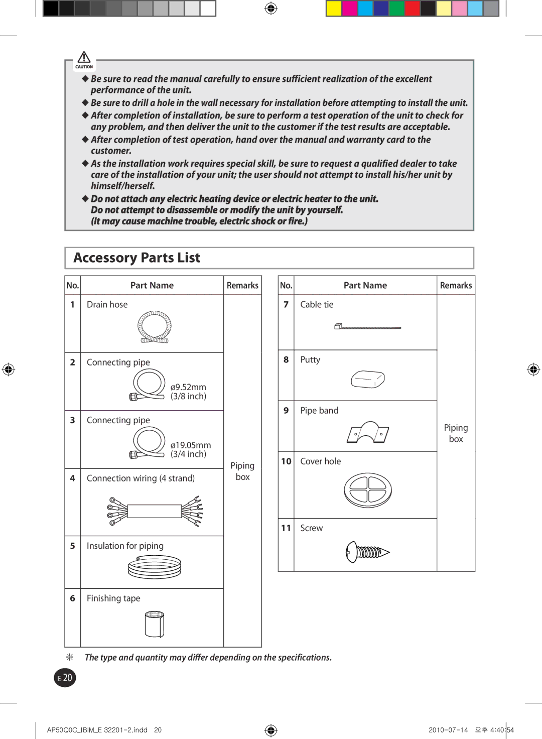 Samsung AP55Q0DNUMG manual Accessory Parts List, Part Name, Cable tie Putty Pipe band Piping, Cover hole Screw 