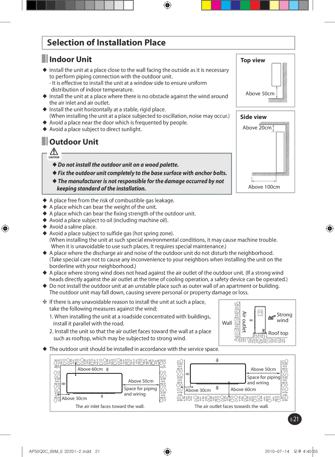 Samsung AP55Q0DNUMG manual Selection of Installation Place, Indoor Unit, Outdoor Unit 