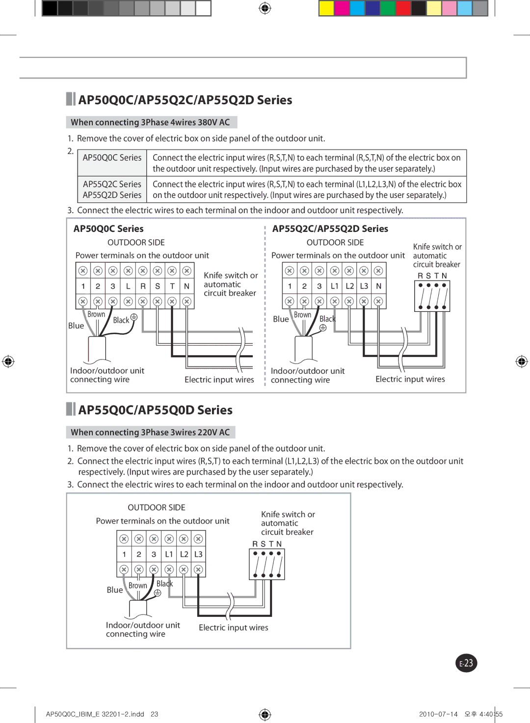 Samsung AP55Q0DNUMG manual AP50Q0C/AP55Q2C/AP55Q2D Series, AP55Q0C/AP55Q0D Series, When connecting 3Phase 4wires 380V AC 