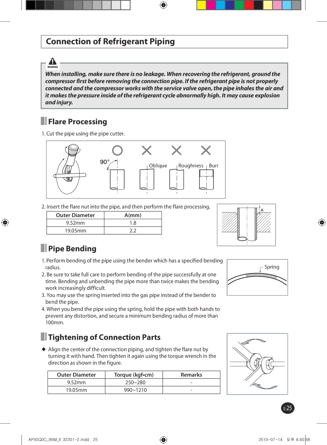 Samsung AP55Q0DNUMG manual Connection of Refrigerant Piping, Flare Processing, Pipe Bending, Tightening of Connection Parts 