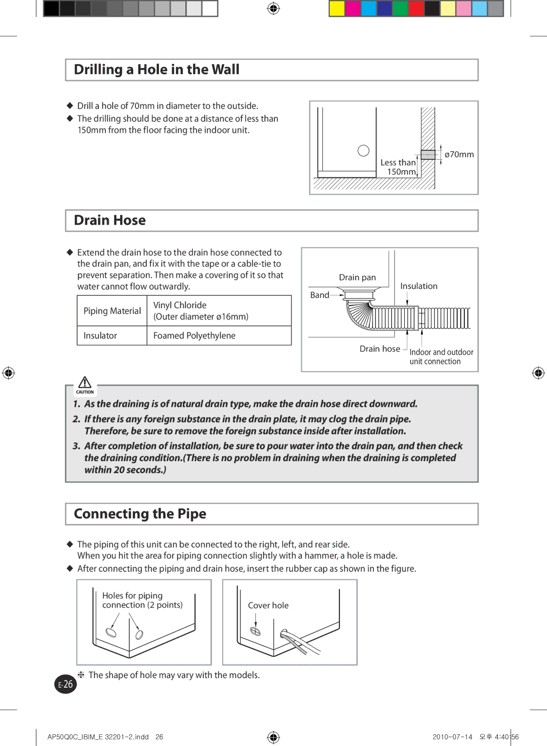 Samsung AP55Q0DNUMG manual Drilling a Hole in the Wall, Drain Hose, Connecting the Pipe 