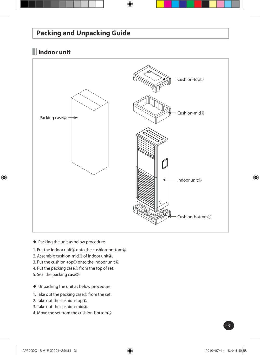 Samsung AP55Q0DNUMG manual Packing and Unpacking Guide, Indoor unit 