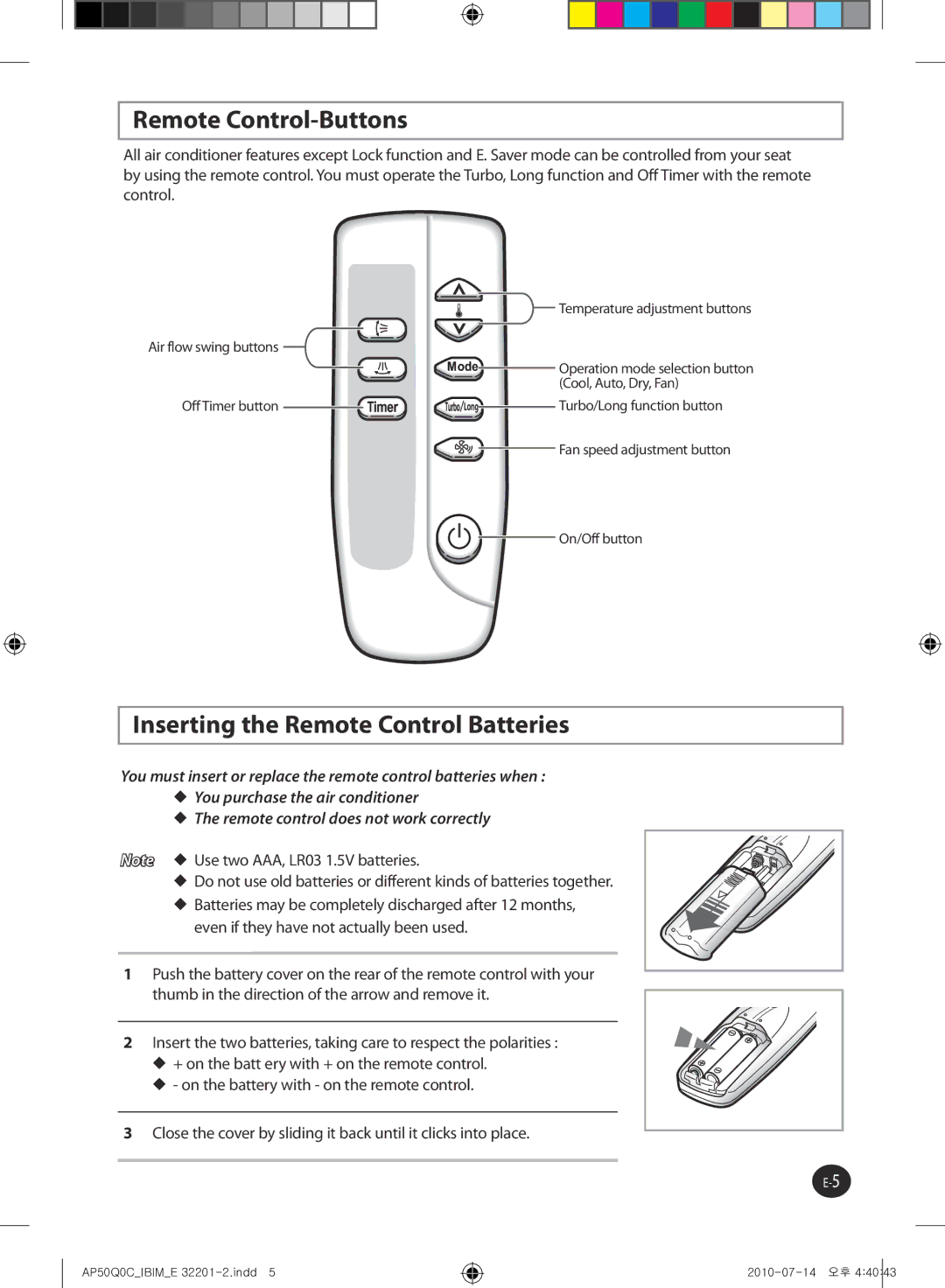 Samsung AP55Q0DNUMG manual Remote Control-Buttons, Inserting the Remote Control Batteries 