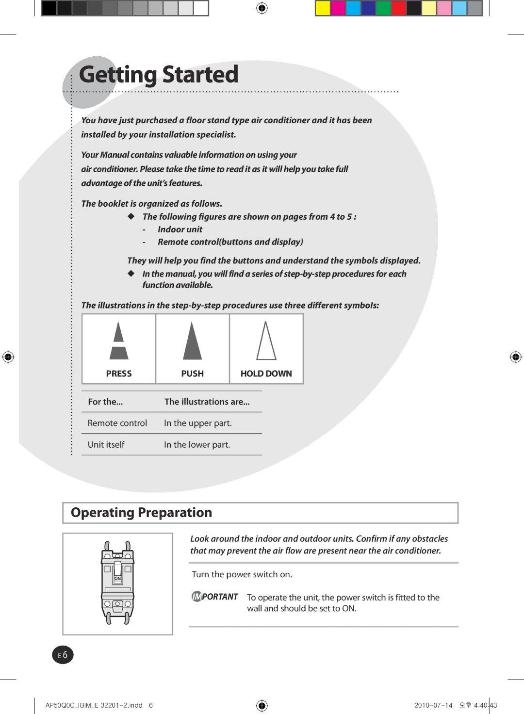 Samsung AP55Q0DNUMG manual Operating Preparation, For 