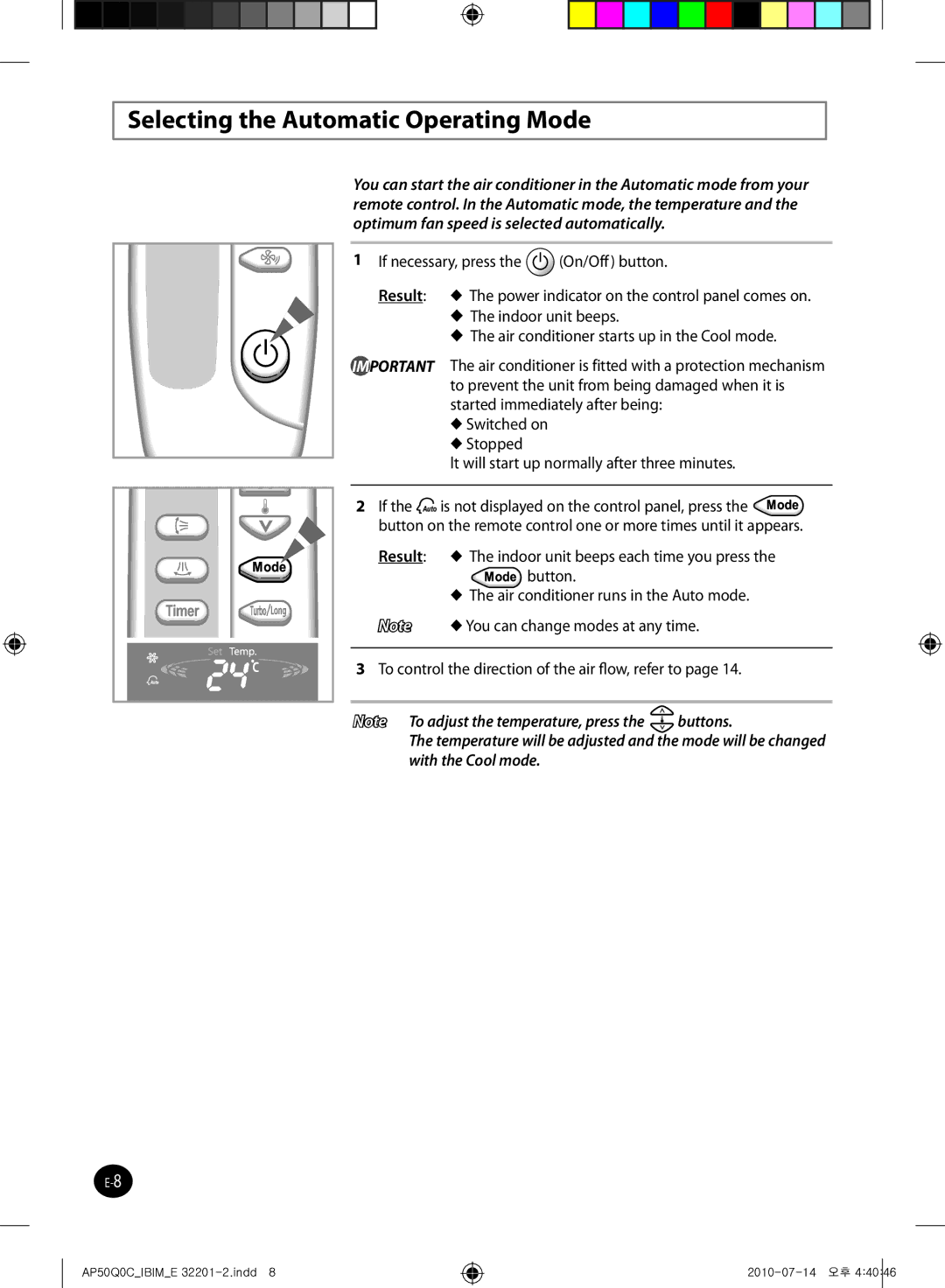 Samsung AP55Q0DNUMG manual Selecting the Automatic Operating Mode 