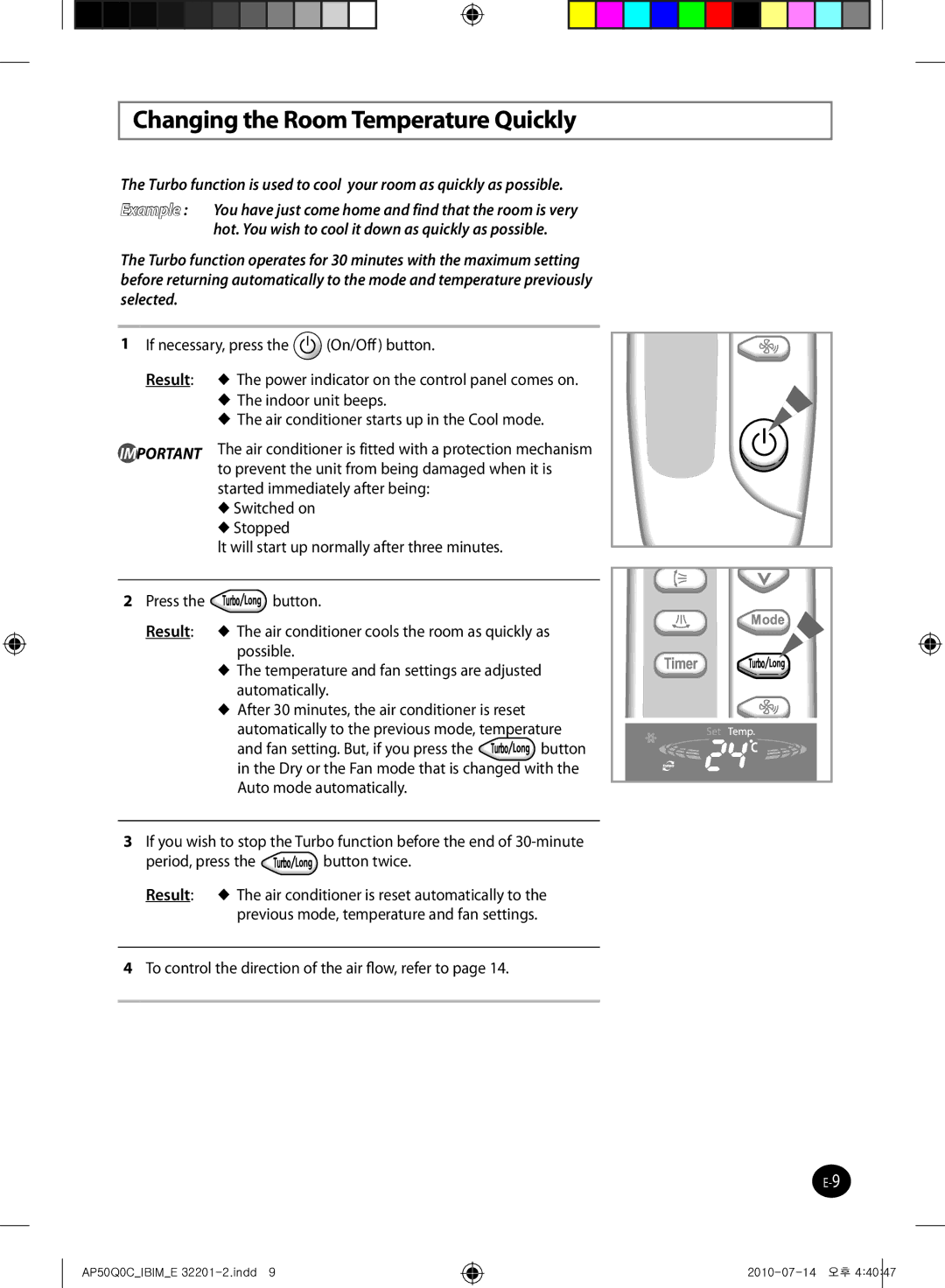 Samsung AP55Q0DNUMG manual Changing the Room Temperature Quickly, Result 